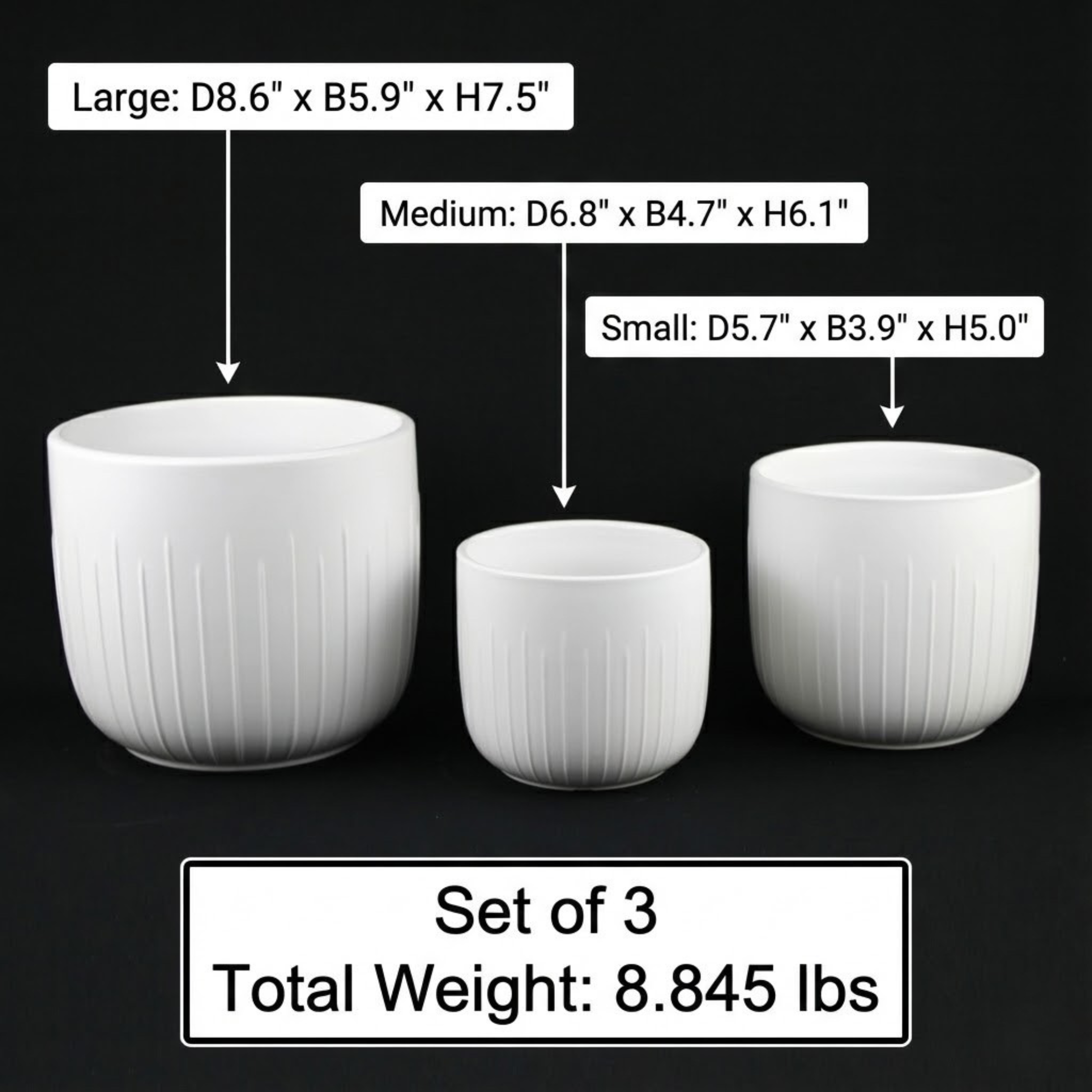 3-Piece White Stoneware Planter Pot Set with Vertical Groove Texture