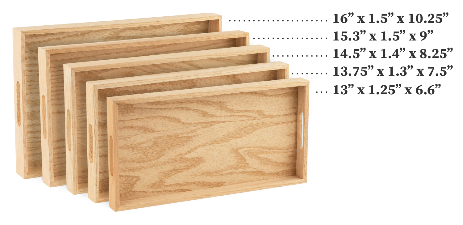 Oak Wood Nested Serving Trays  Five Piece Set of Rectangular Quality Wooden Trays with Cut Out Handles