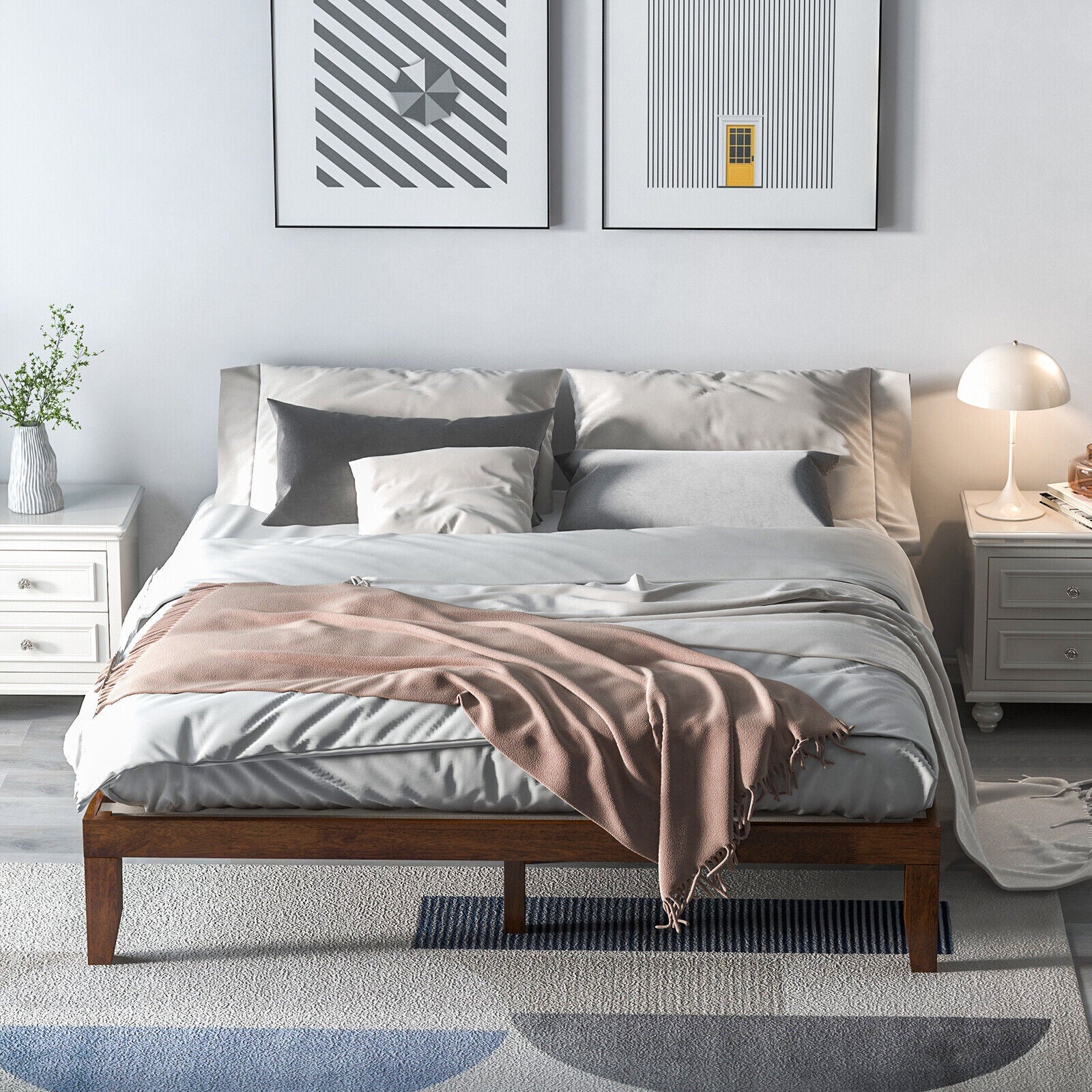 14 Inch King Size Platform Bed Frame with Wood Slat Support-Walnut