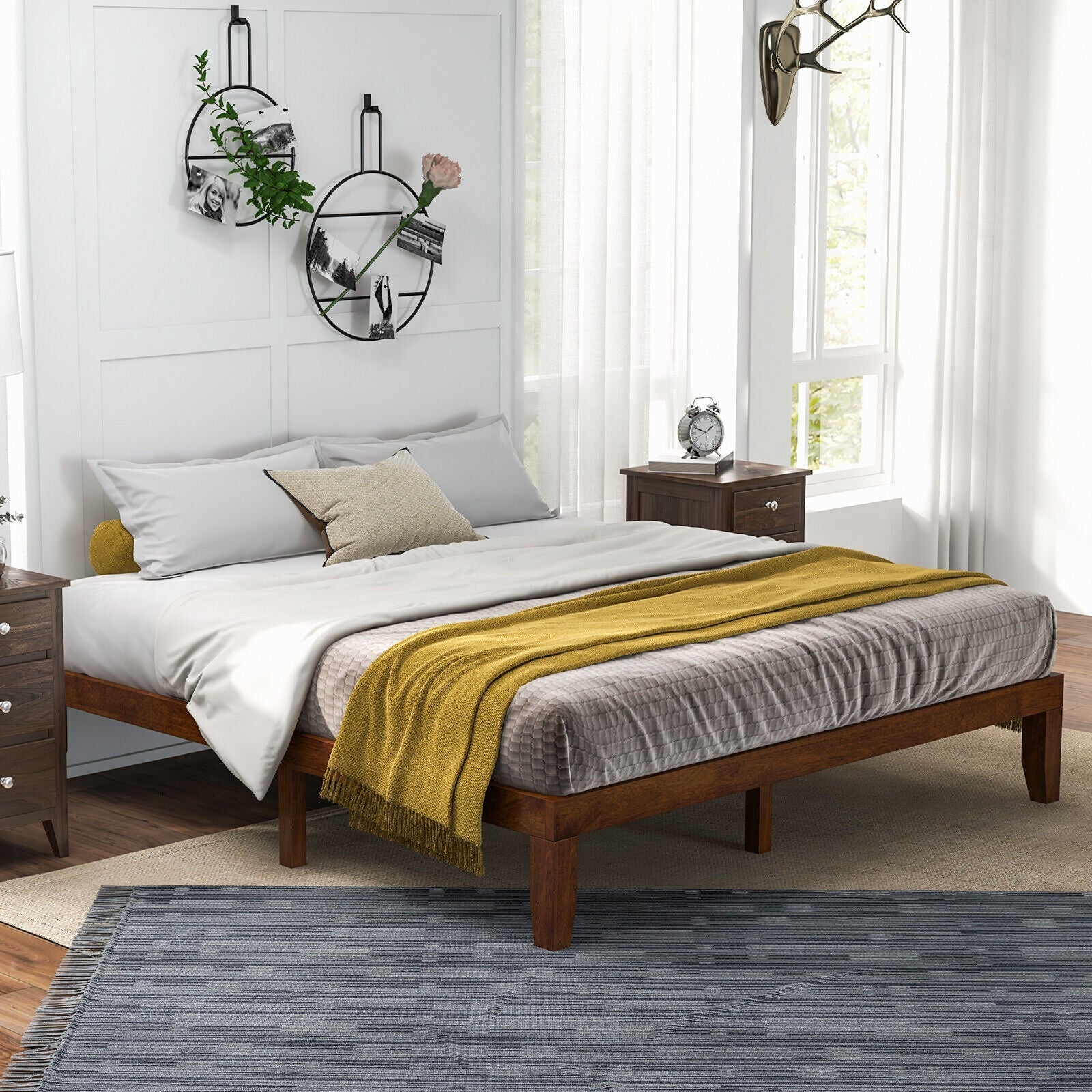 14 Inch King Size Platform Bed Frame with Wood Slat Support-Walnut