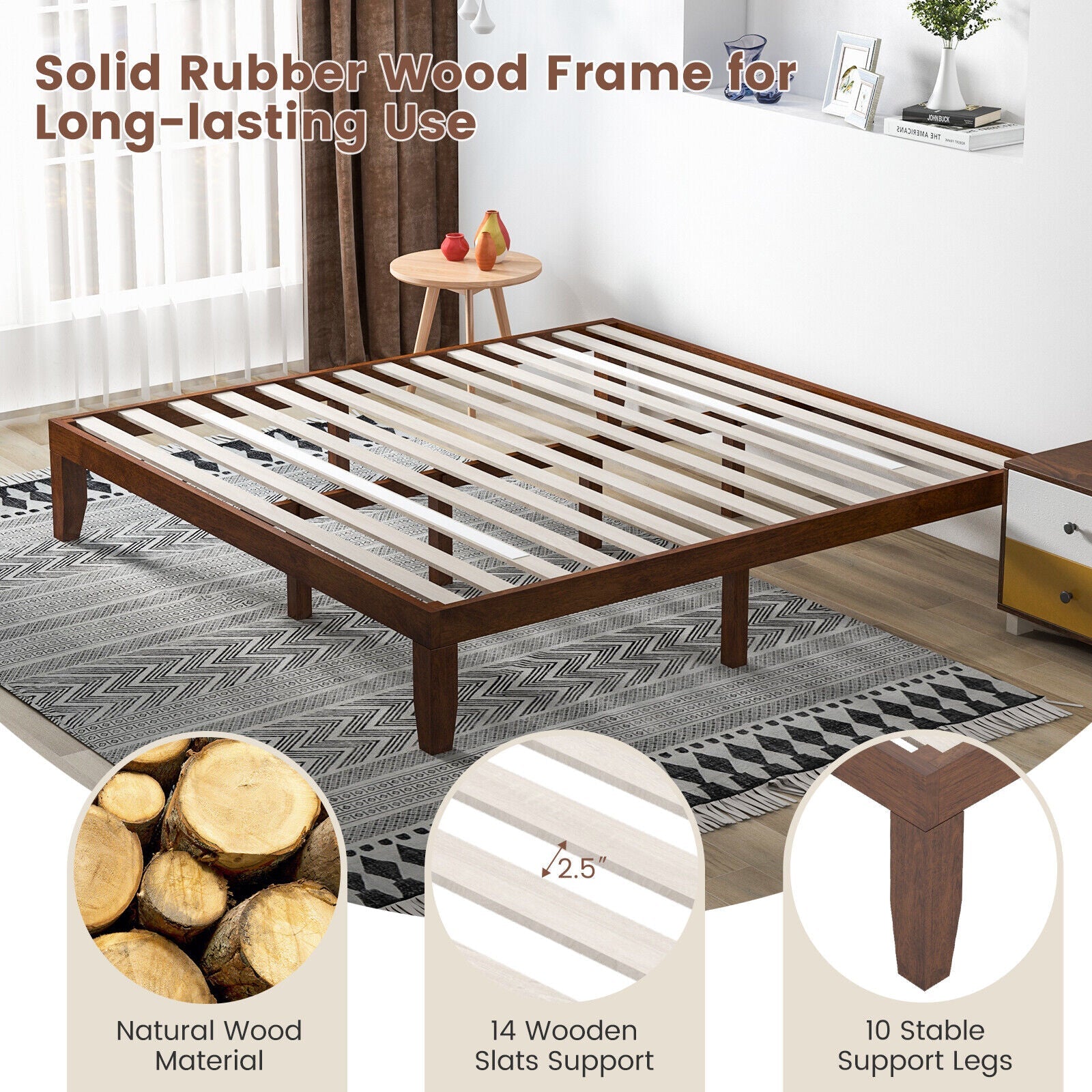 14 Inch King Size Platform Bed Frame with Wood Slat Support-Walnut