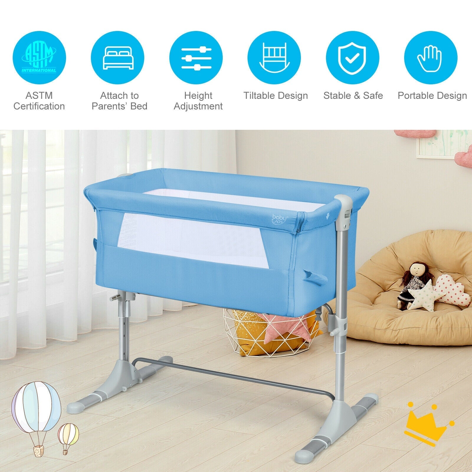 Travel Portable Baby Bed Side Sleeper  Bassinet Crib with Carrying Bag-Blue