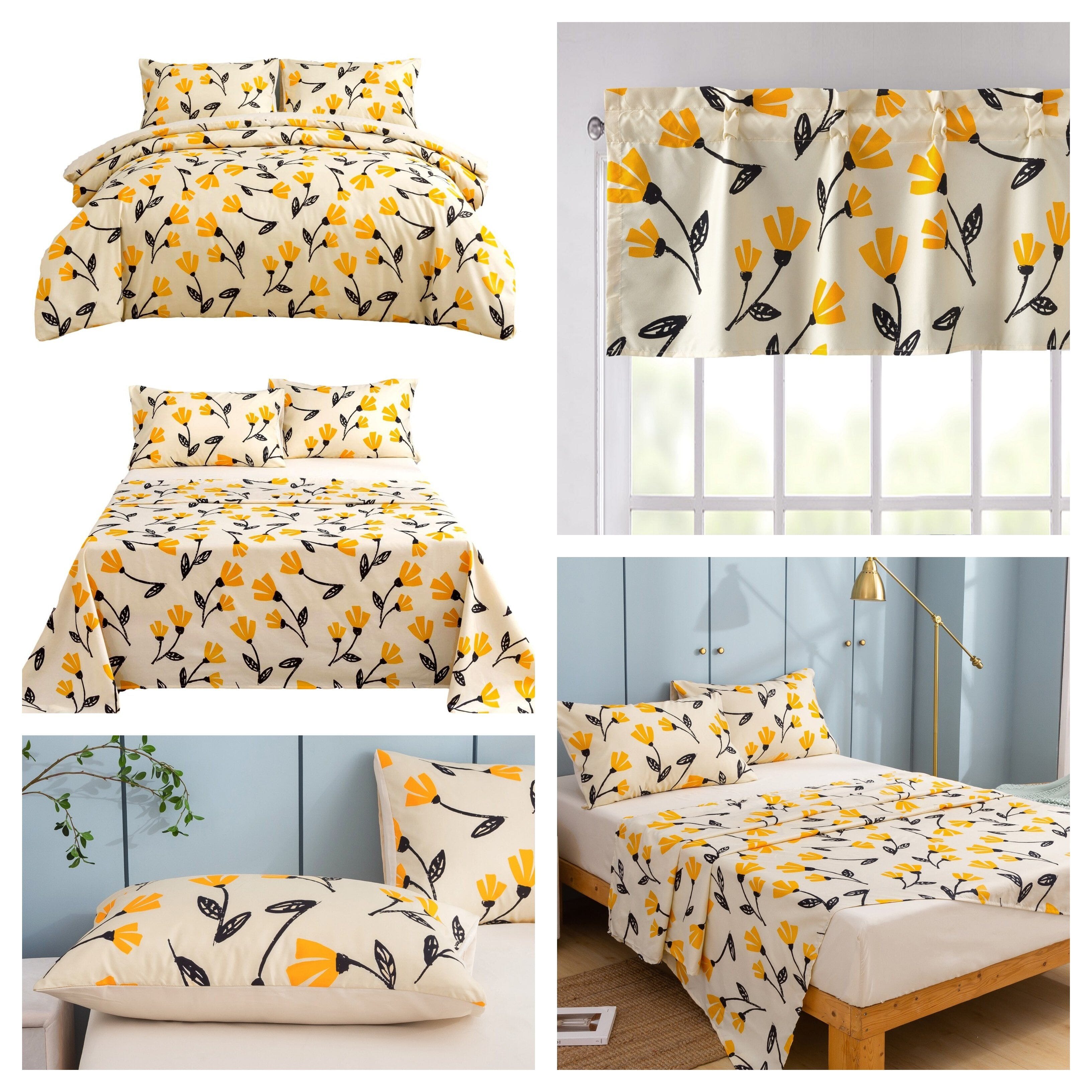 Yellow Fleur Golden Orange Duvet Cover & Fitted Flat Bed Sheets Set