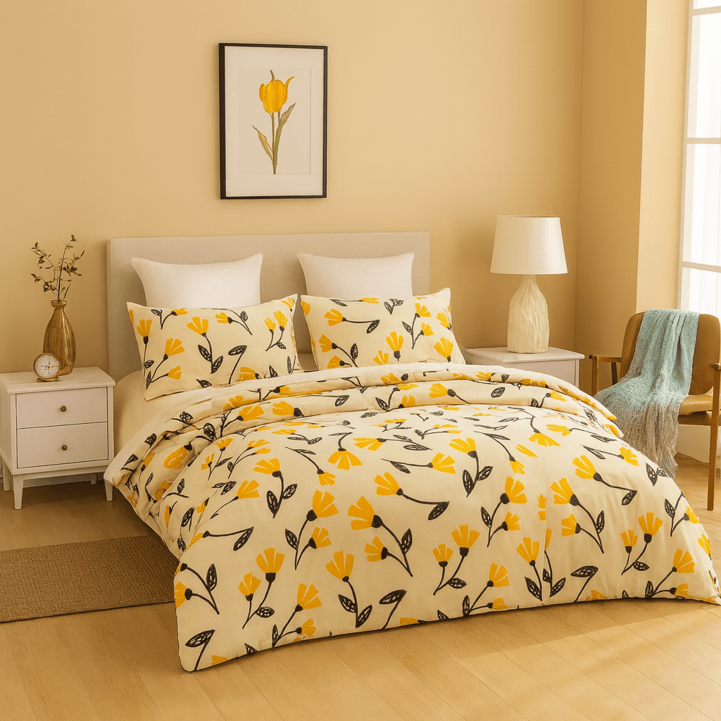 Floral Golden Orange Ivory Duvet Cover Set w/ Pillow Cases