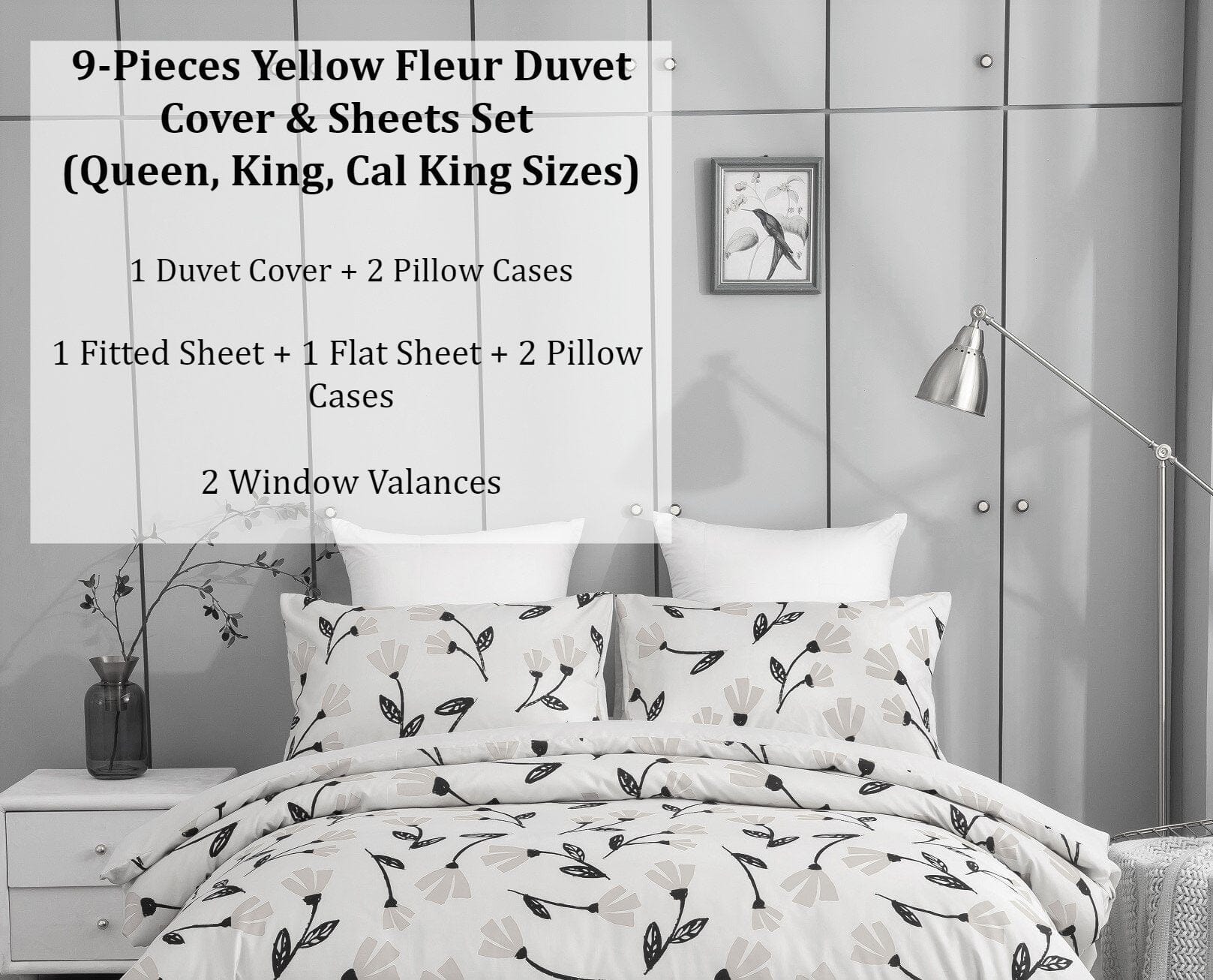Yellow Fleur Golden Orange Duvet Cover & Fitted Flat Bed Sheets Set