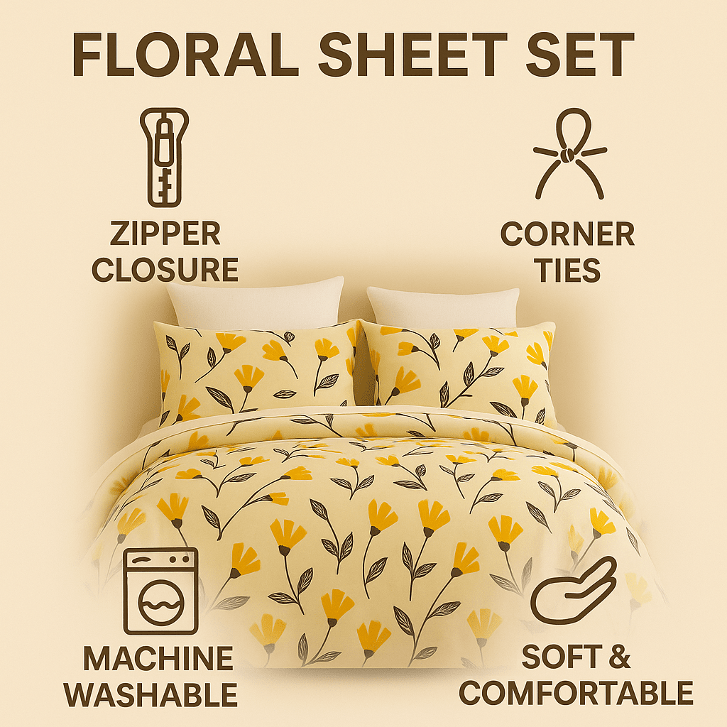 Floral Golden Orange Ivory Duvet Cover Set w/ Pillow Cases