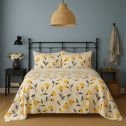 Yellow Fleur Golden Orange Floral Ivory Fitted & Flat Bed Sheets Set