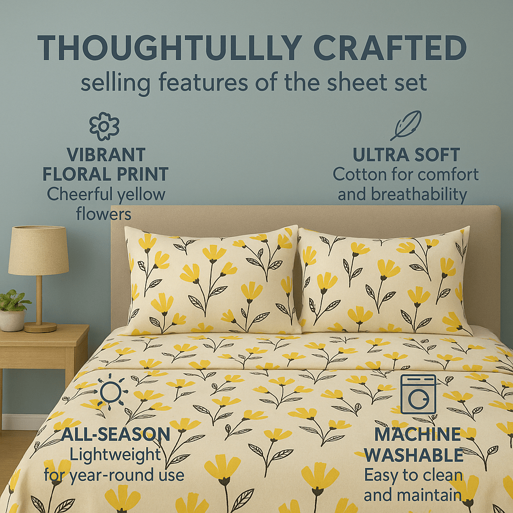 Yellow Fleur Golden Orange Floral Ivory Fitted & Flat Bed Sheets Set