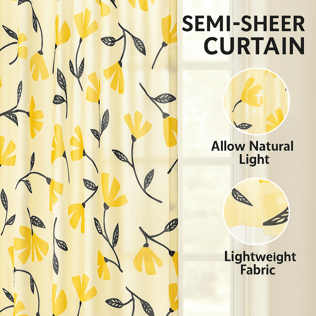 Set of 2 Botanical Floral Window Curtain Panels - Natural Semi Sheer