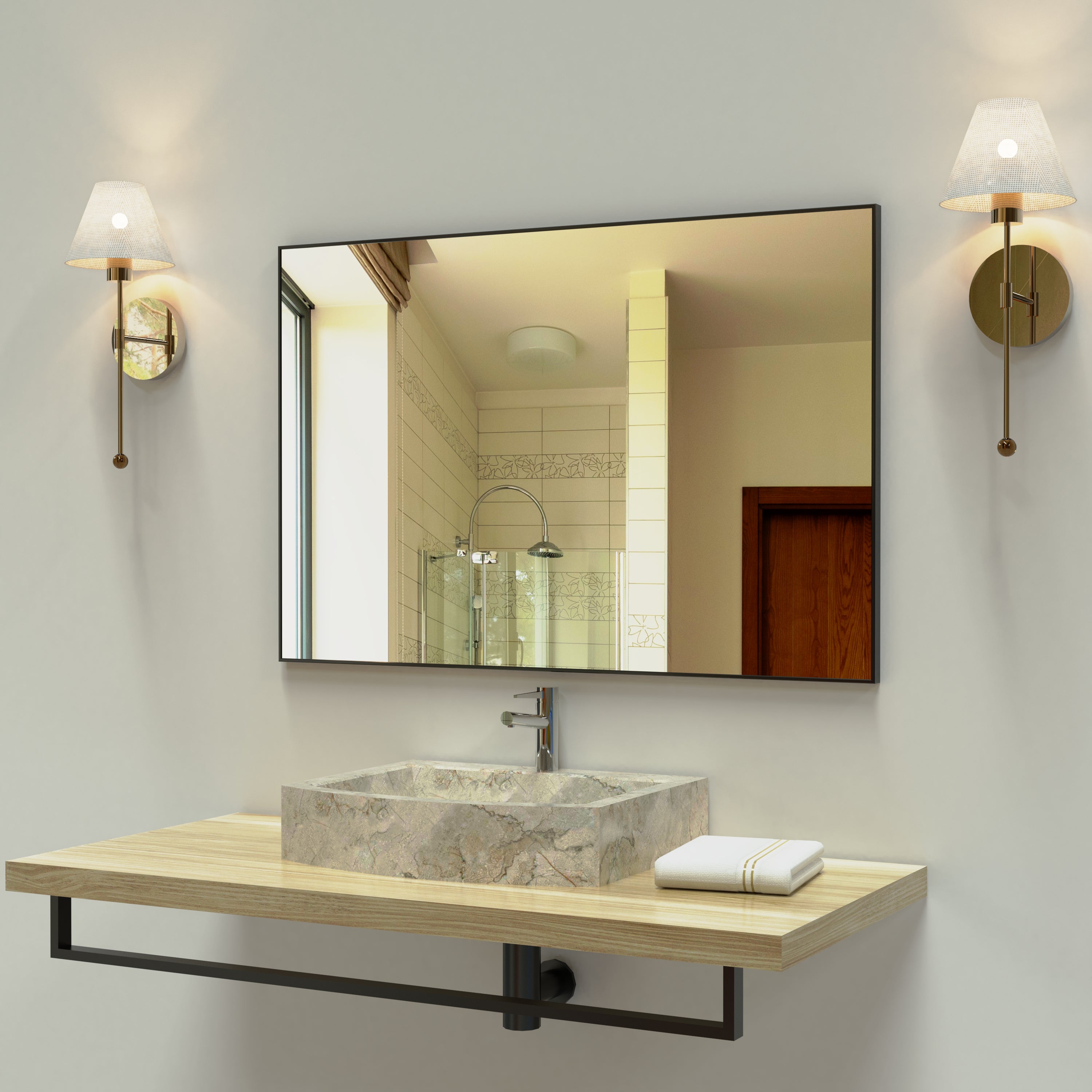 36x24 inch Modern Black Bathroom Mirror with Aluminum Frame