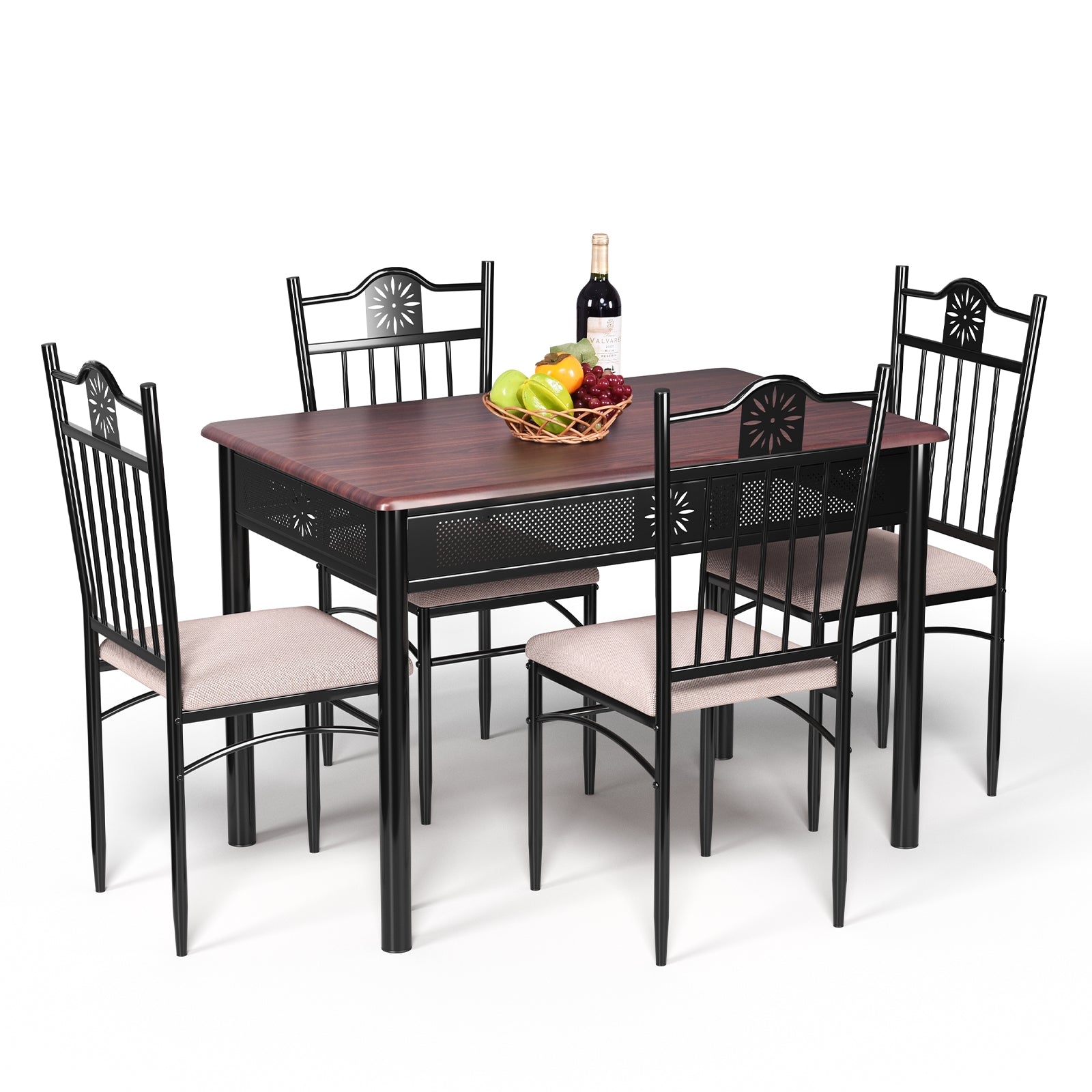 5 Pcs Dining Set, Wood Metal Table and 4 Chairs with Cushions