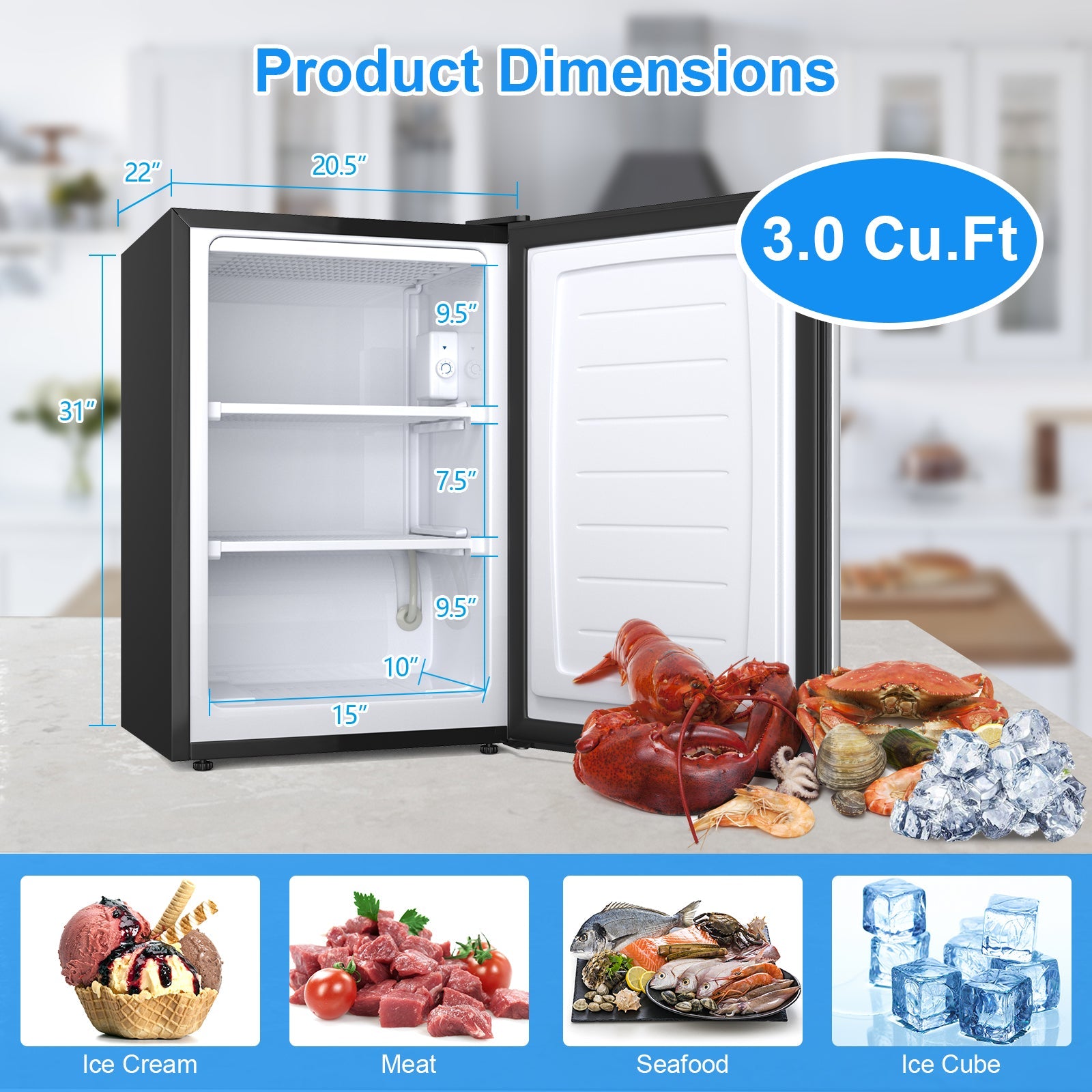 3 Cubic Feet Compact Upright Freezer with Stainless Steel Door