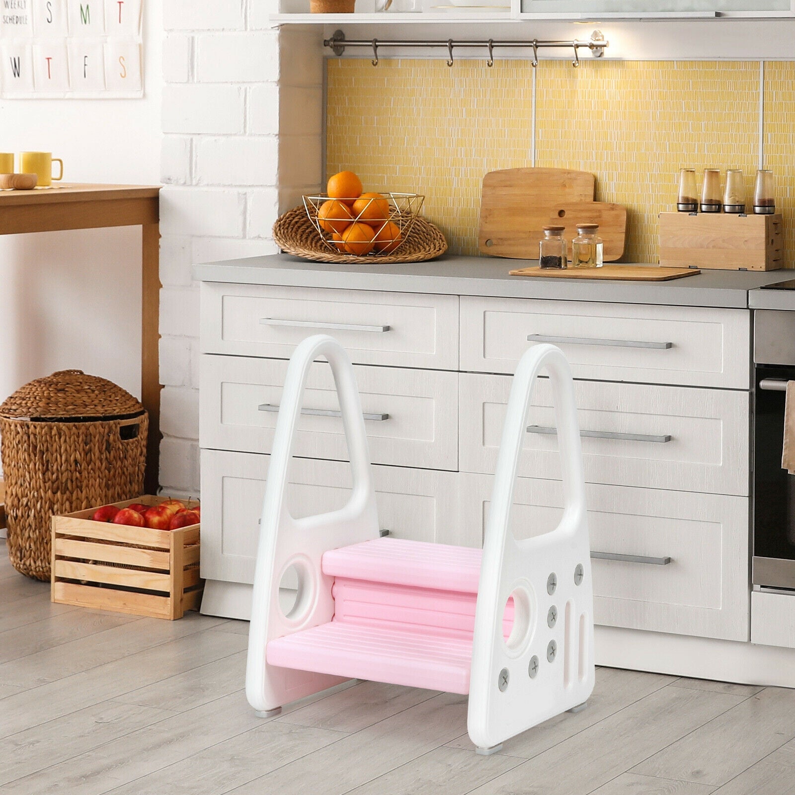 Kids Step Stool Learning Helper with Armrest -Pink