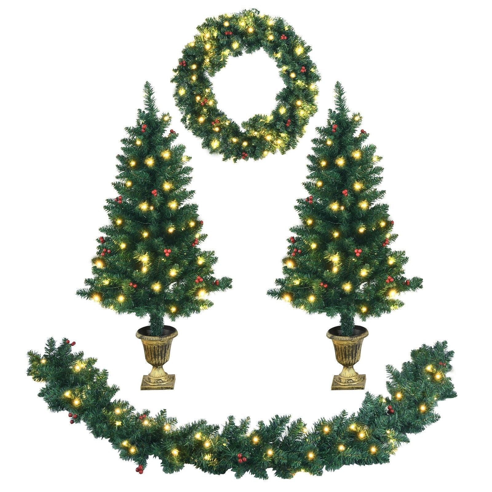 4 Pieces Christmas Decoration Set with Garland Wreath and Entrance Trees by DirectDeals