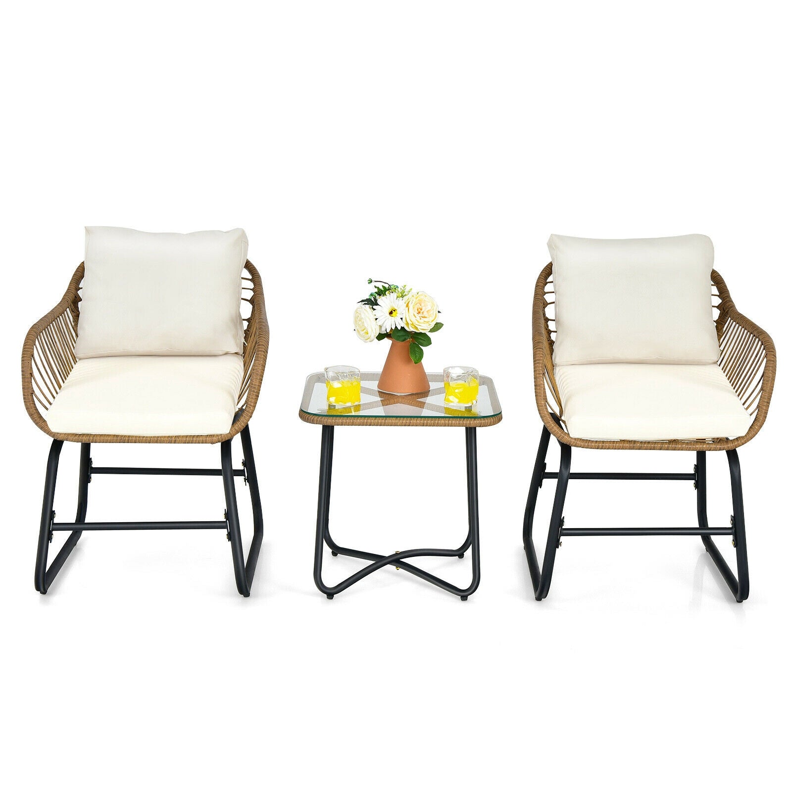 3-Piece Patio Bistro Set with 2 Rattan Chairs and Coffee Table - White