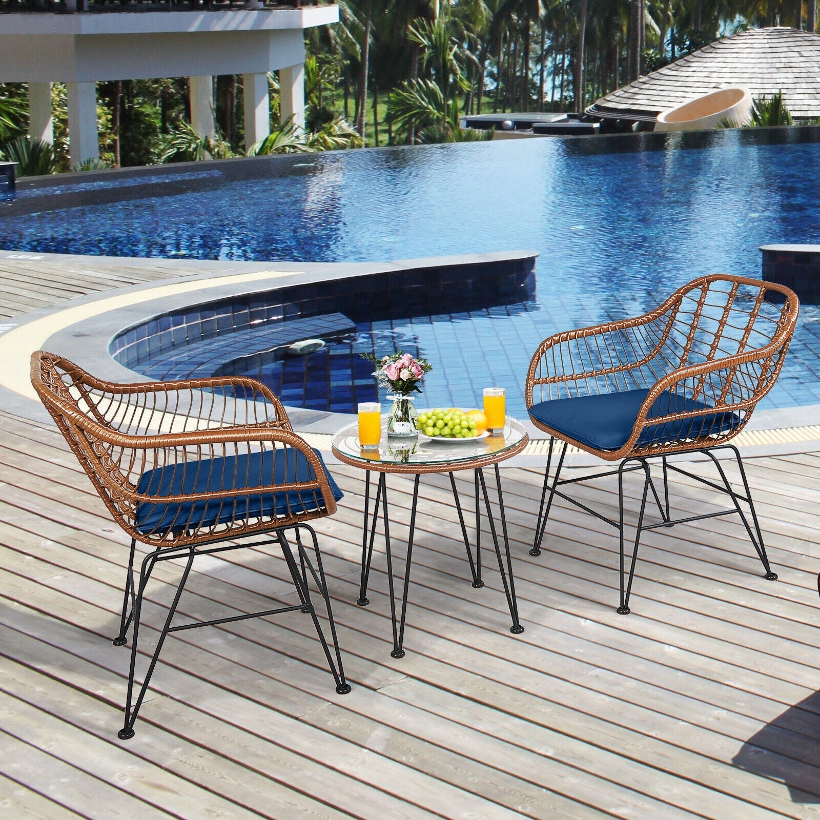 3 Pieces Patio Rattan Bistro Set with Cushion - Navy
