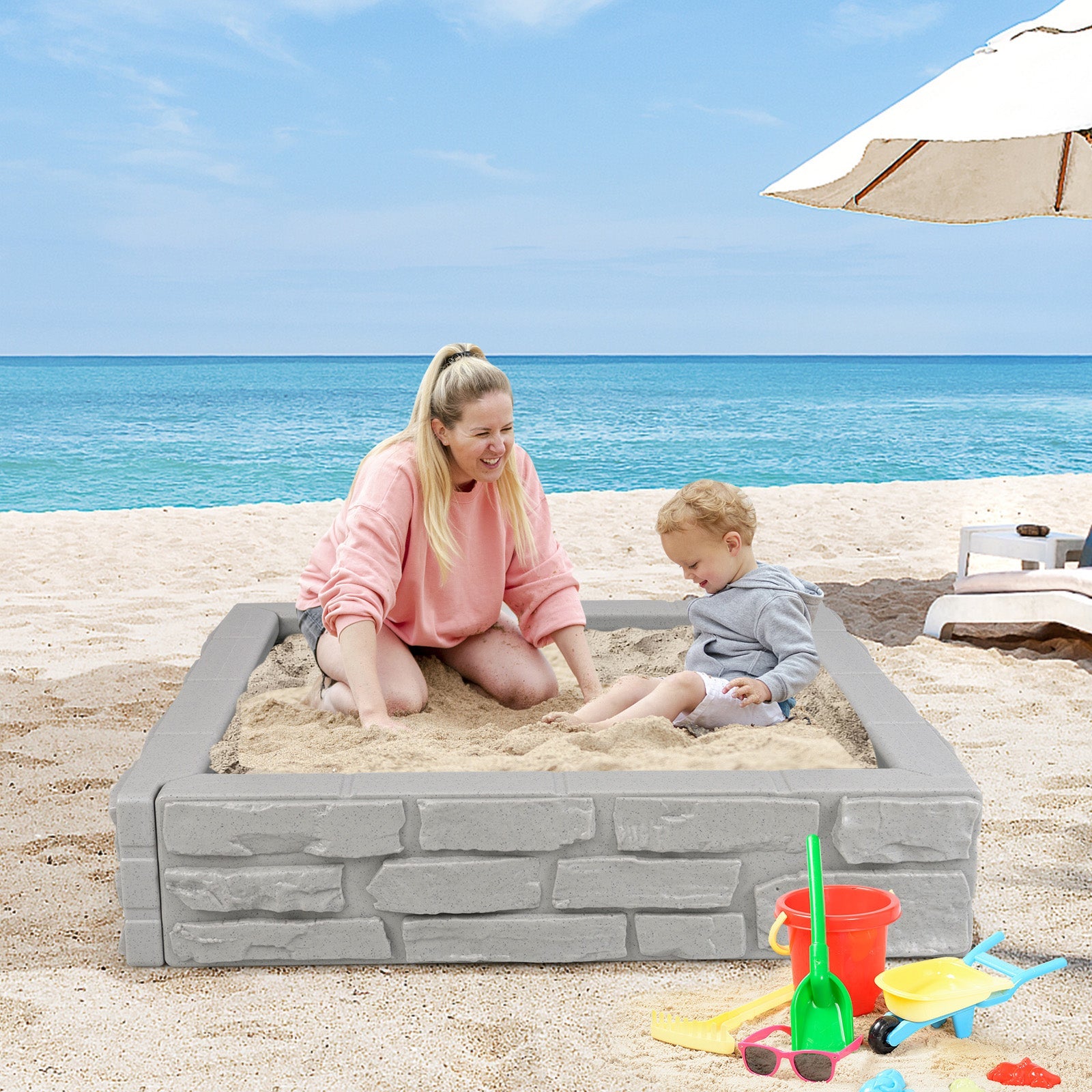 2-In-1 HDPE Kids Sandbox with Cover and Bottom Liner-Gray