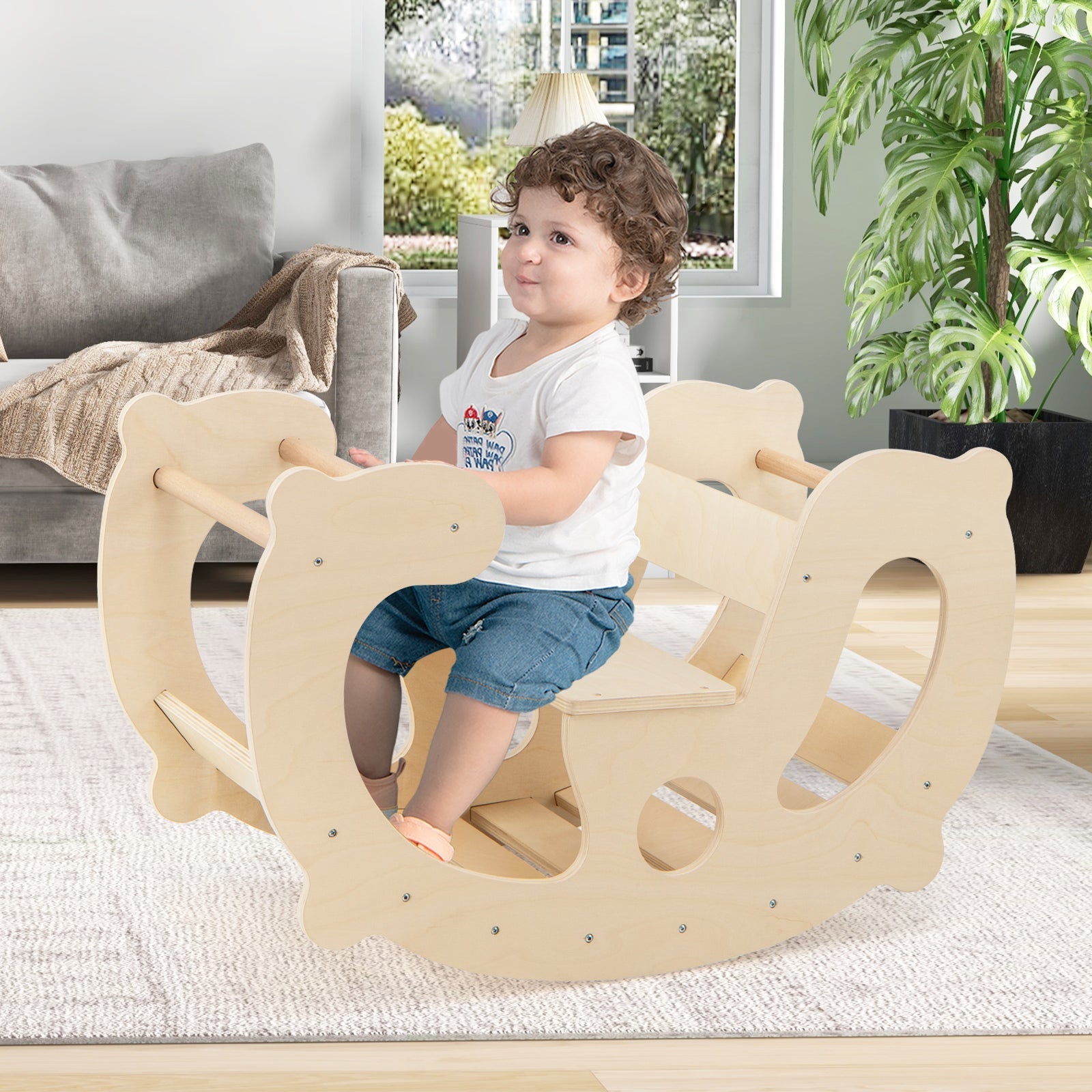 2-in-1 Rocking Horse Arch Climber-Natural