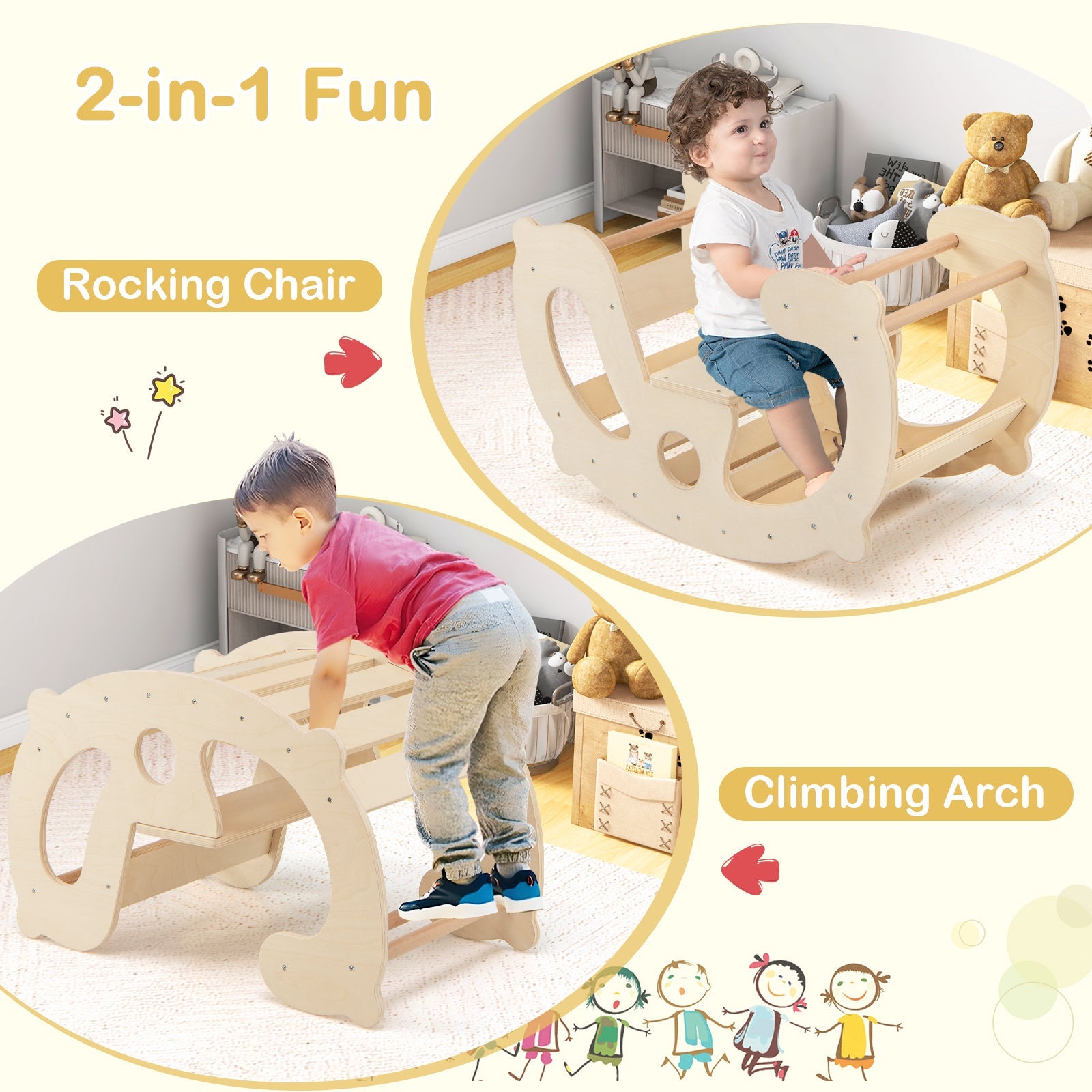 2-in-1 Rocking Horse Arch Climber-Natural