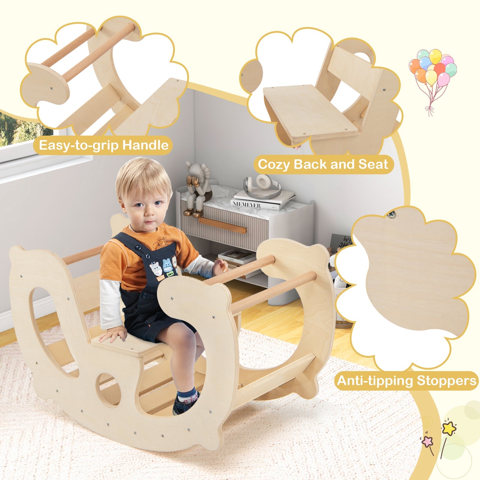 2-in-1 Rocking Horse Arch Climber-Natural
