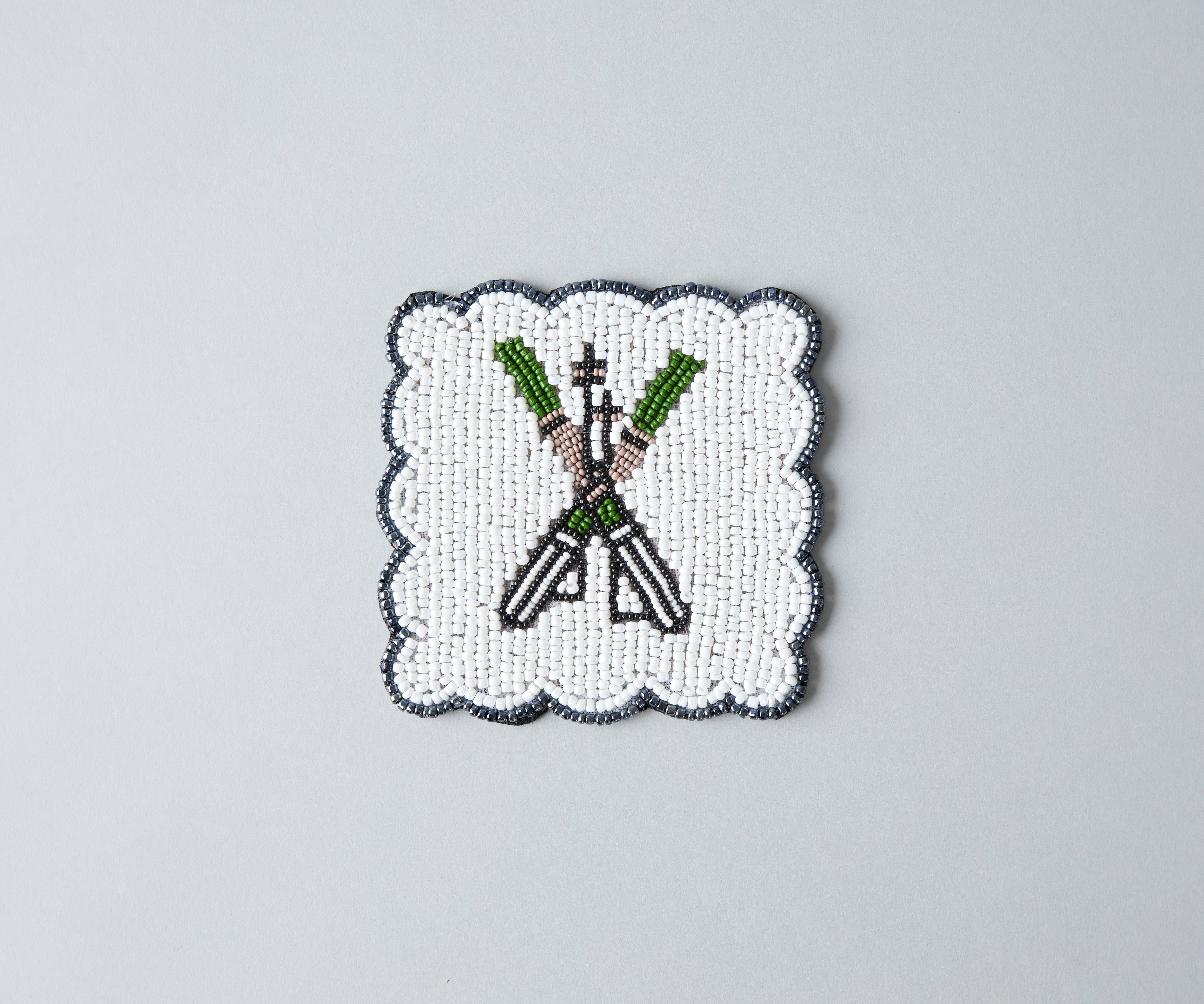 Handmade Beaded Ski Coaster with Pearls – Elegant Black, White, and Green