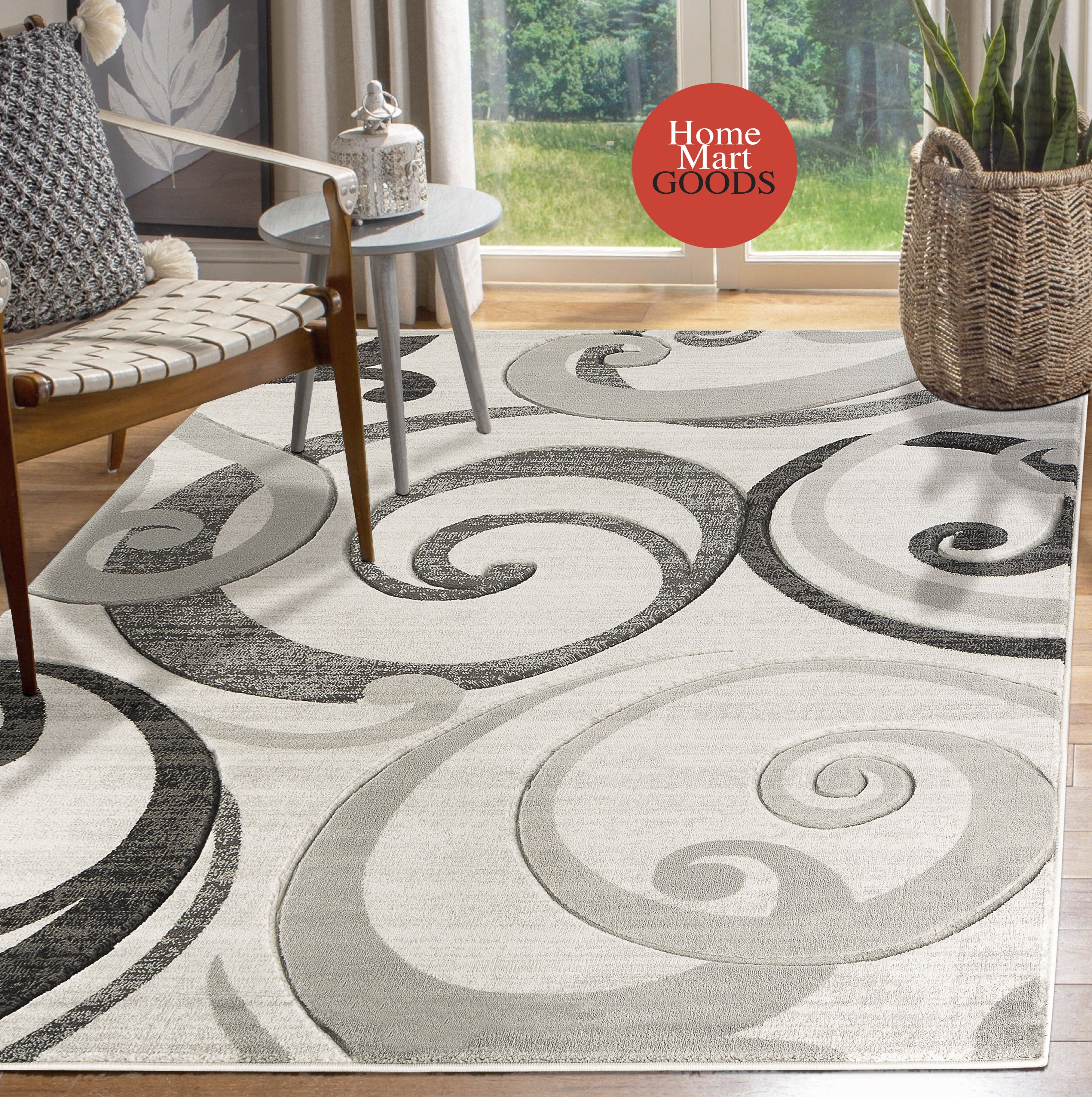 Grey Swirls, Hand-Carved Living Room Area Rug