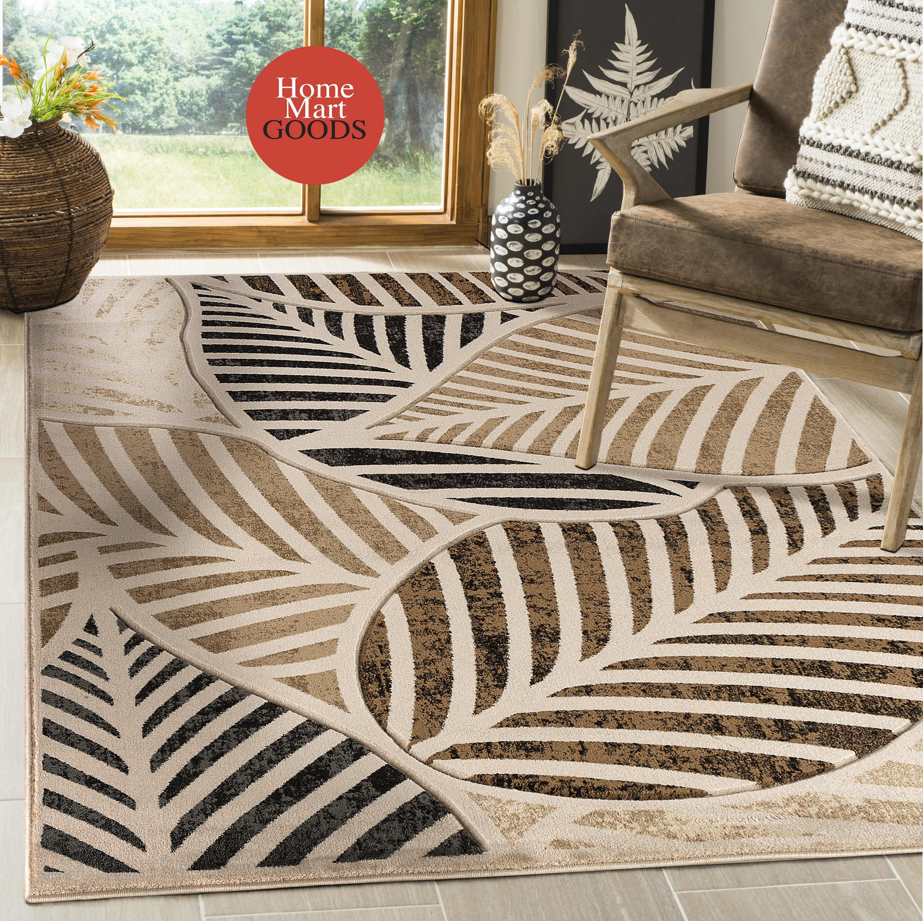 Beige Leaf, Hand-Carved, Soft Living Room Area Rug