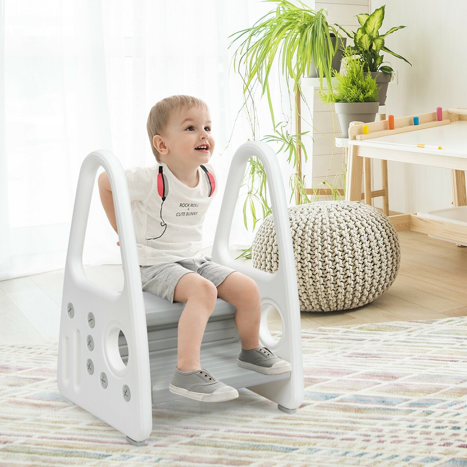 Kids Step Stool Learning Helper with Armrest -Gray