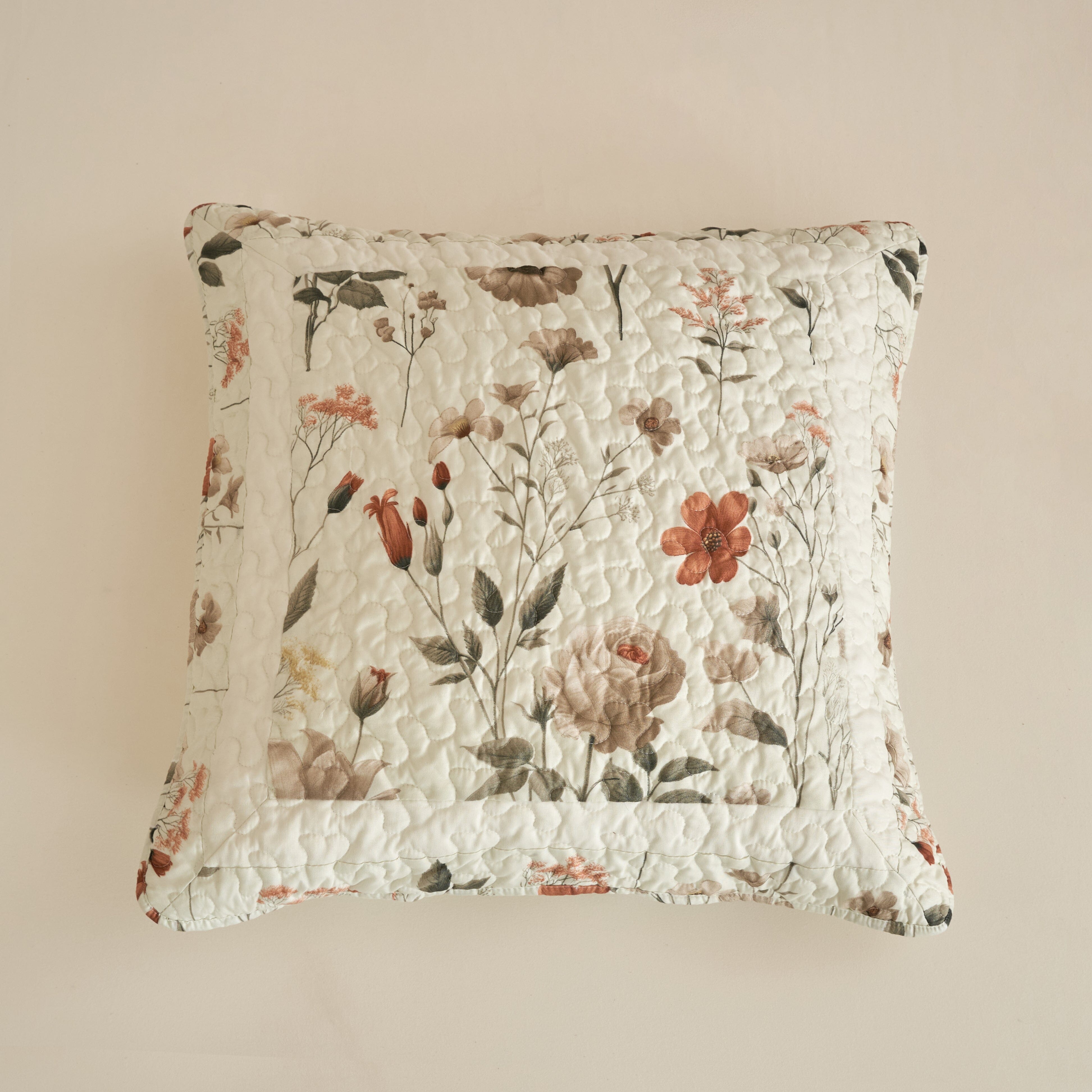 Enchanted Meadow Throw Pillow Euro Cover - Floral Design in Beige, Rose, and Soft Green