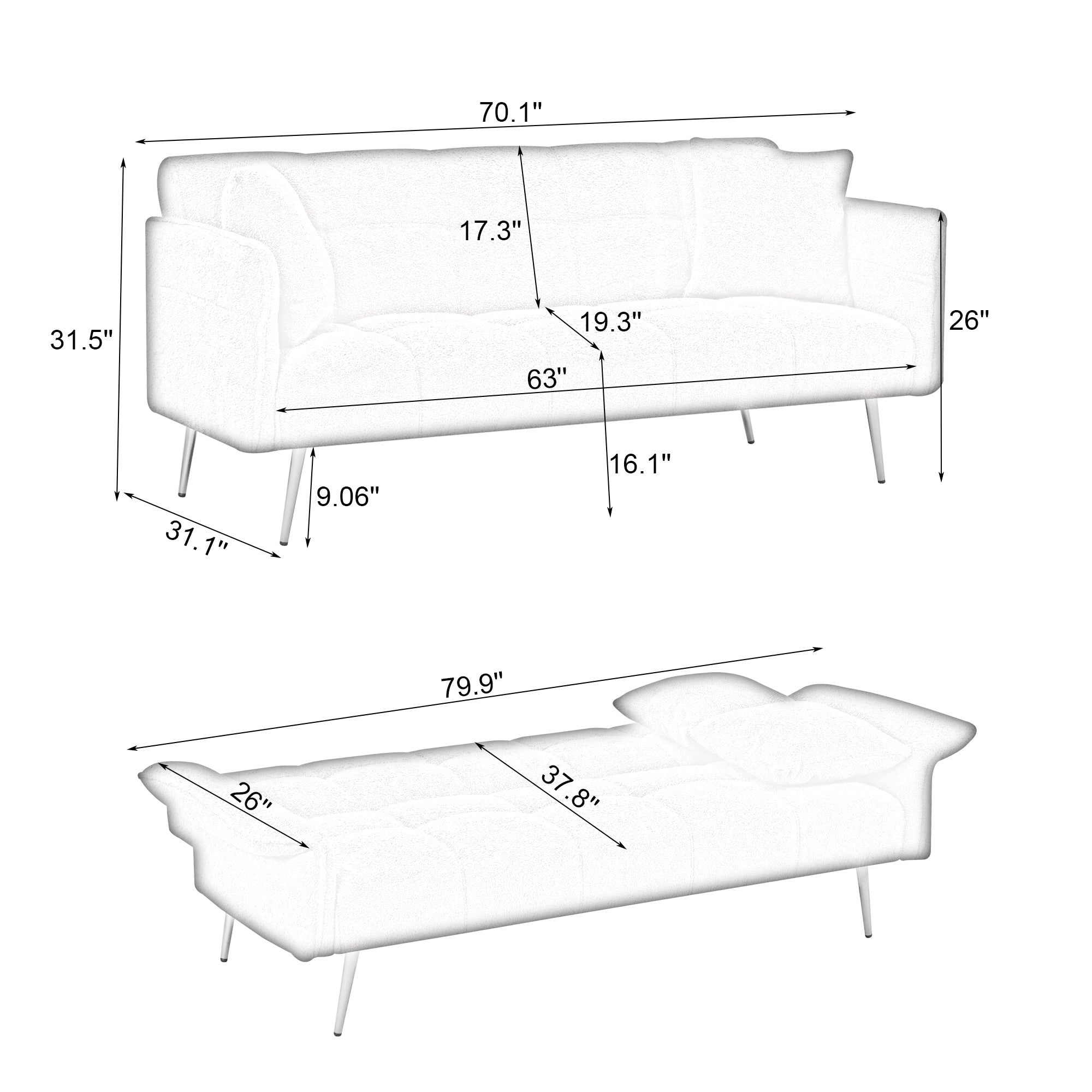 70.1 'Futon Sofa Bed with Folding Armrests