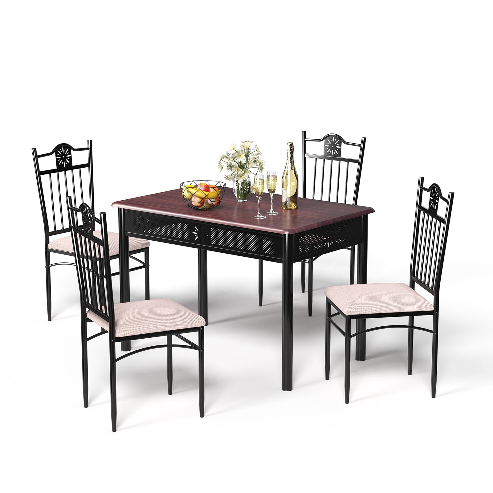 5 Pcs Dining Set, Wood Metal Table and 4 Chairs with Cushions