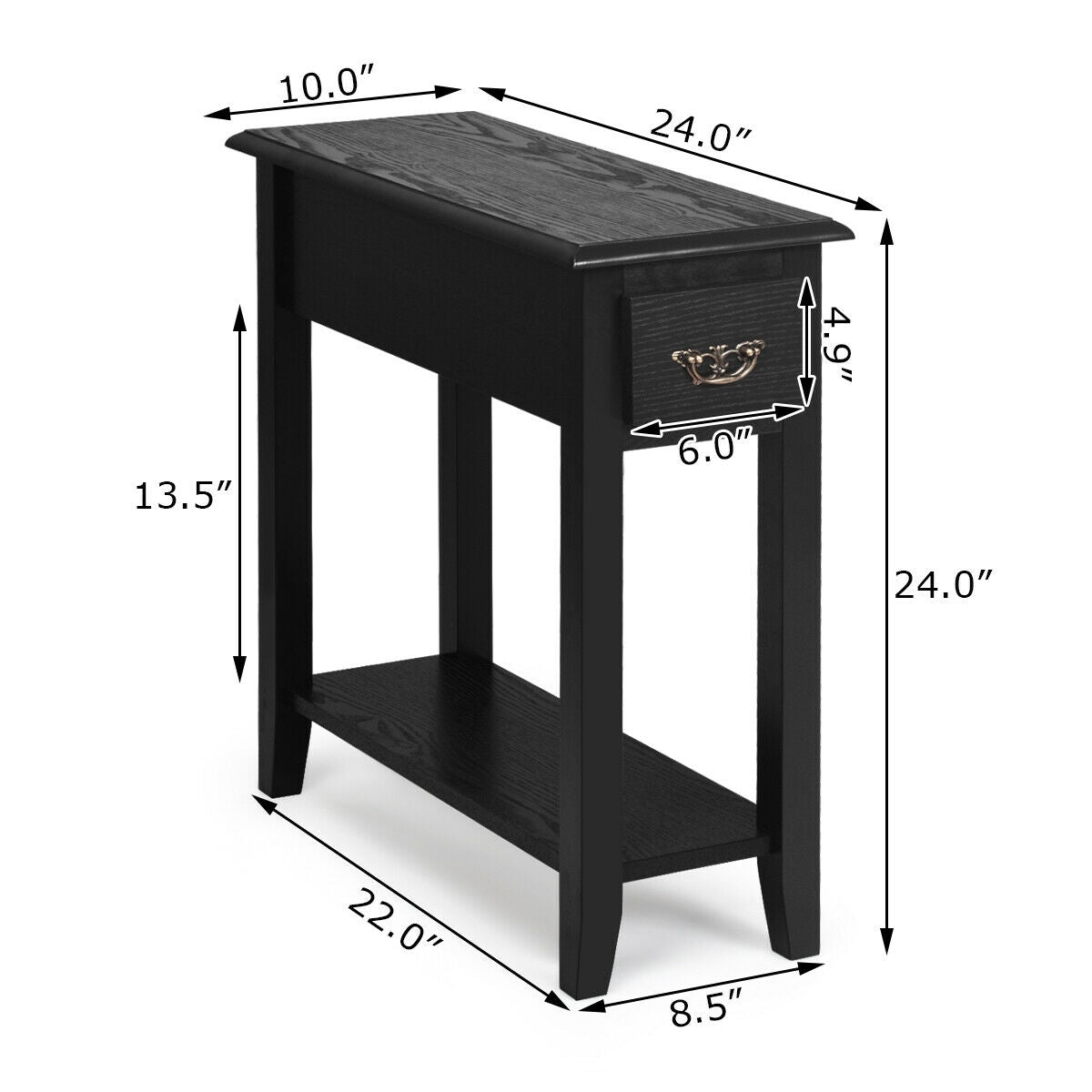 2 Tier End Bedside Sofa Side Table Narrow Nightstand-Black