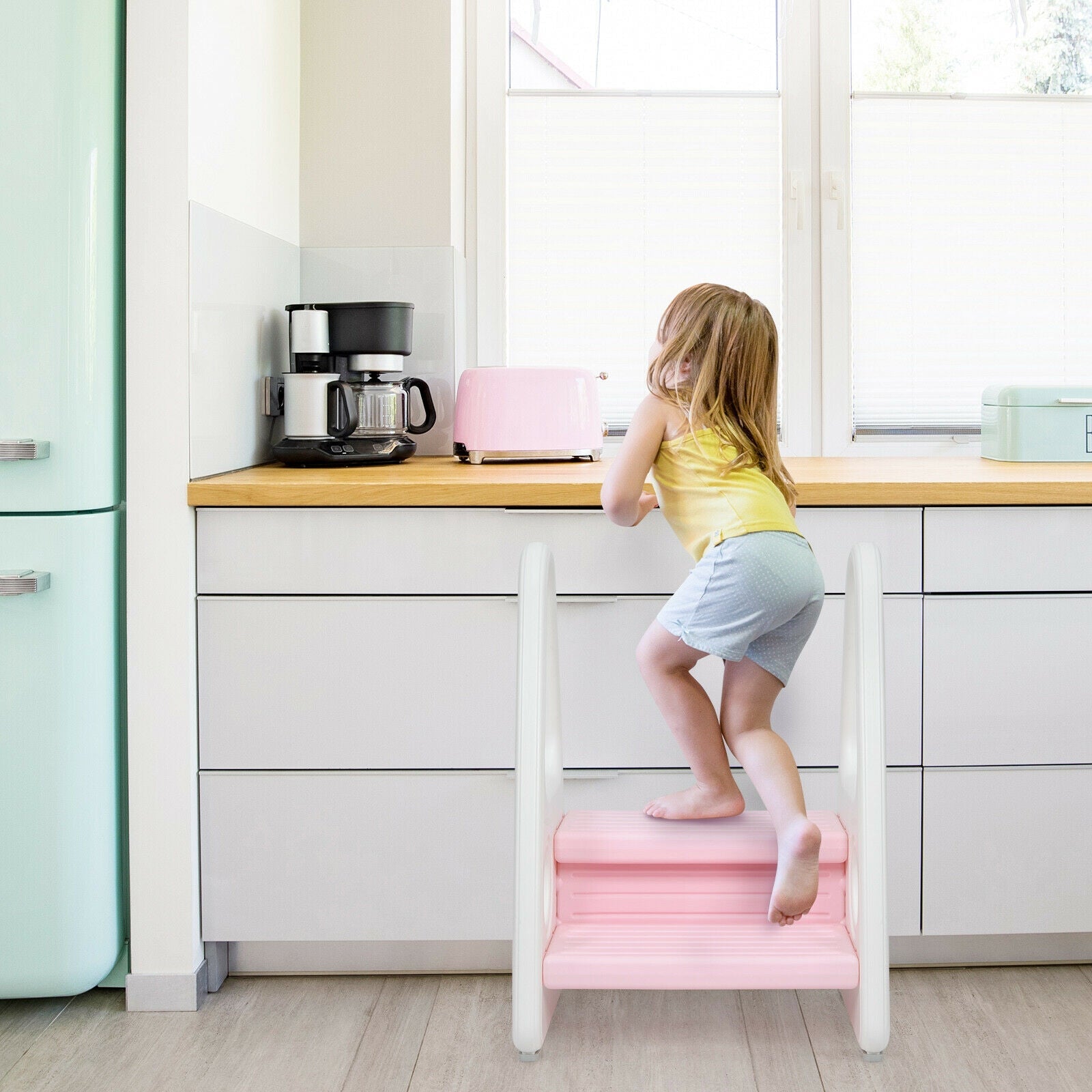Kids Step Stool Learning Helper with Armrest -Pink