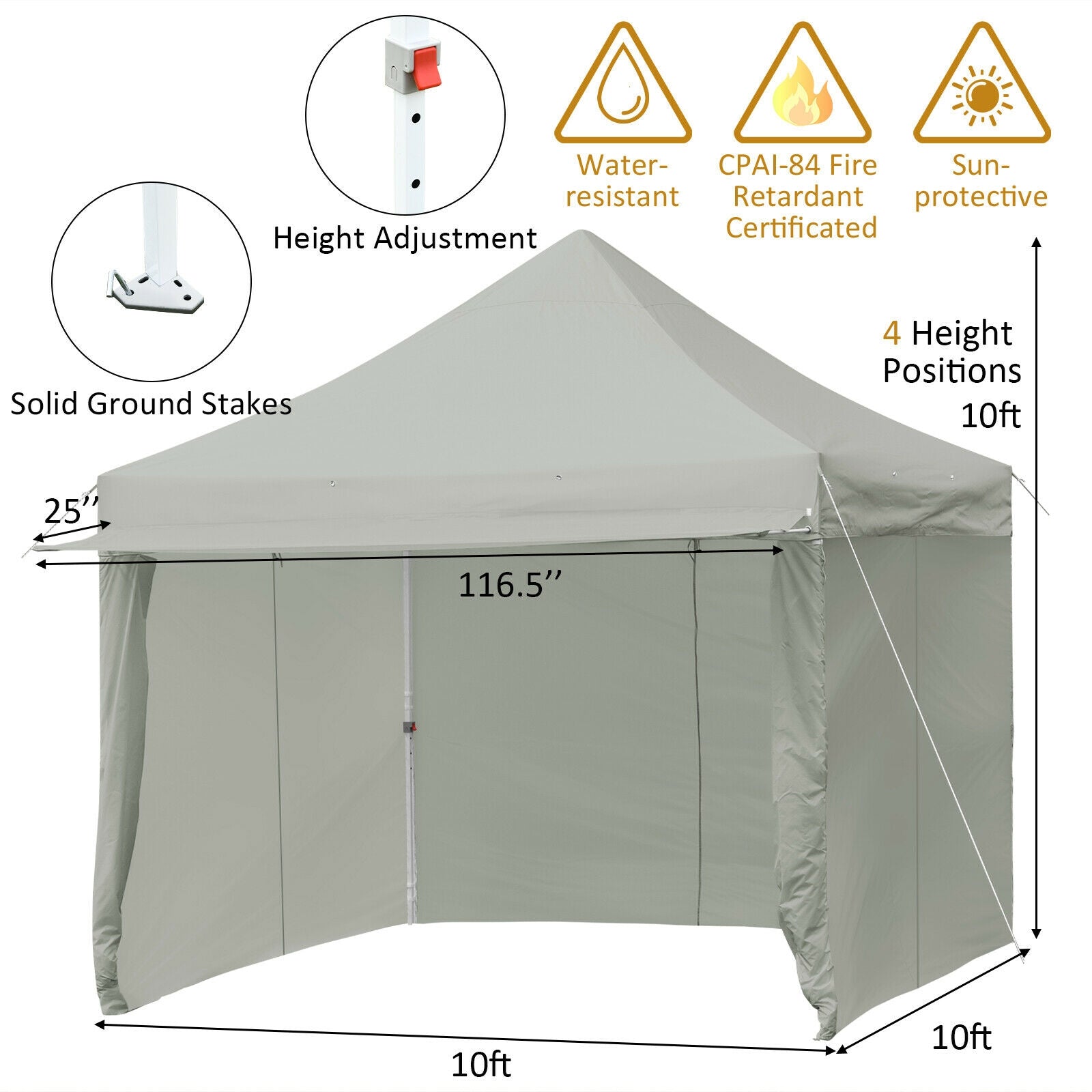 10 x 10 Feet Pop up Gazebo with 4 Height and Adjust Folding Awning - Gray
