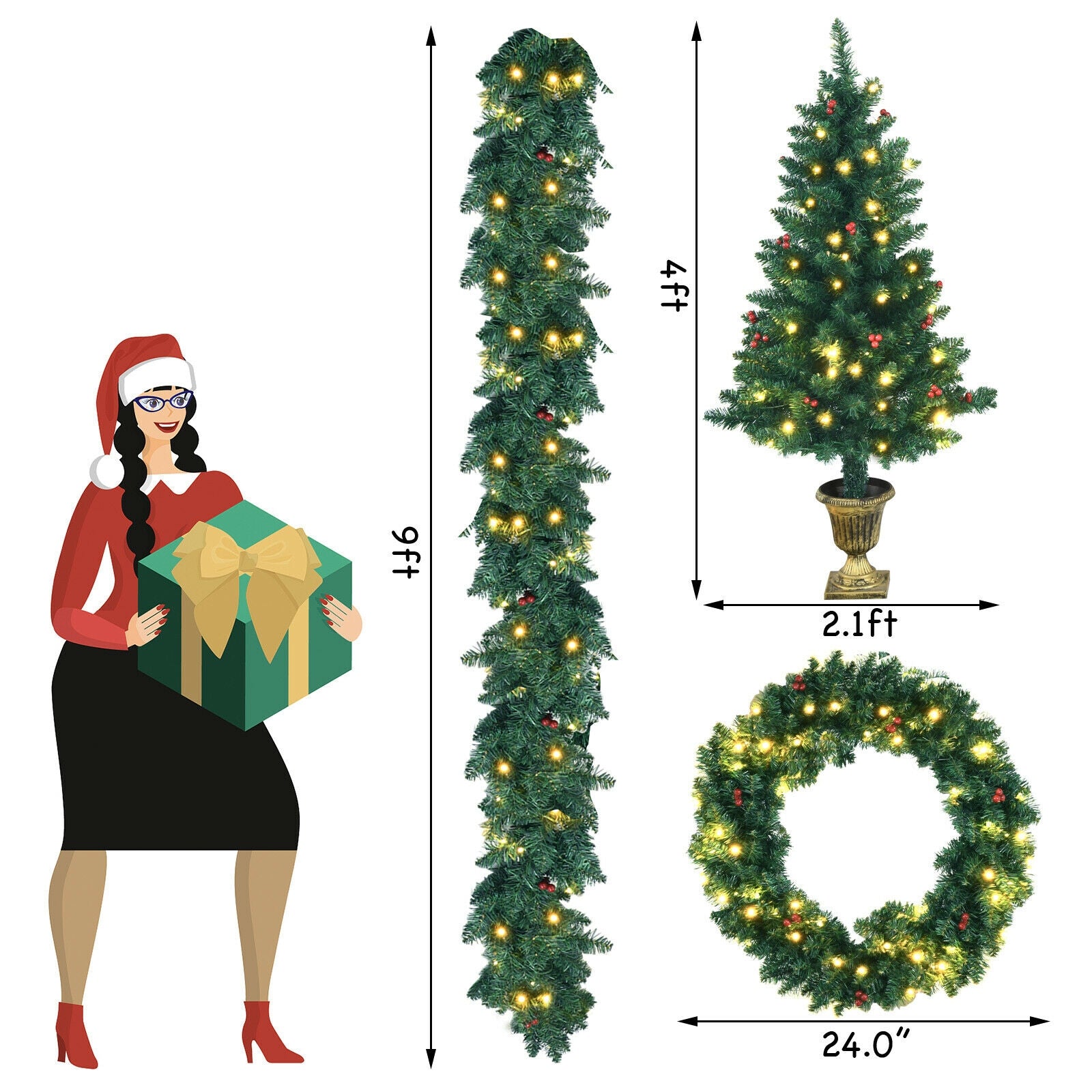 4 Pieces Christmas Decoration Set with Garland Wreath and Entrance Trees by DirectDeals