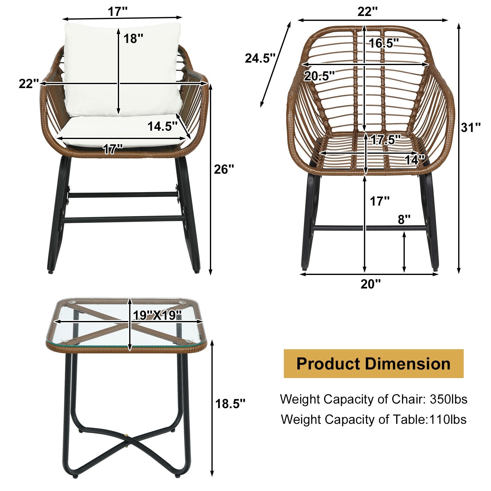 3 Pieces Patio Rattan Bistro Set - White