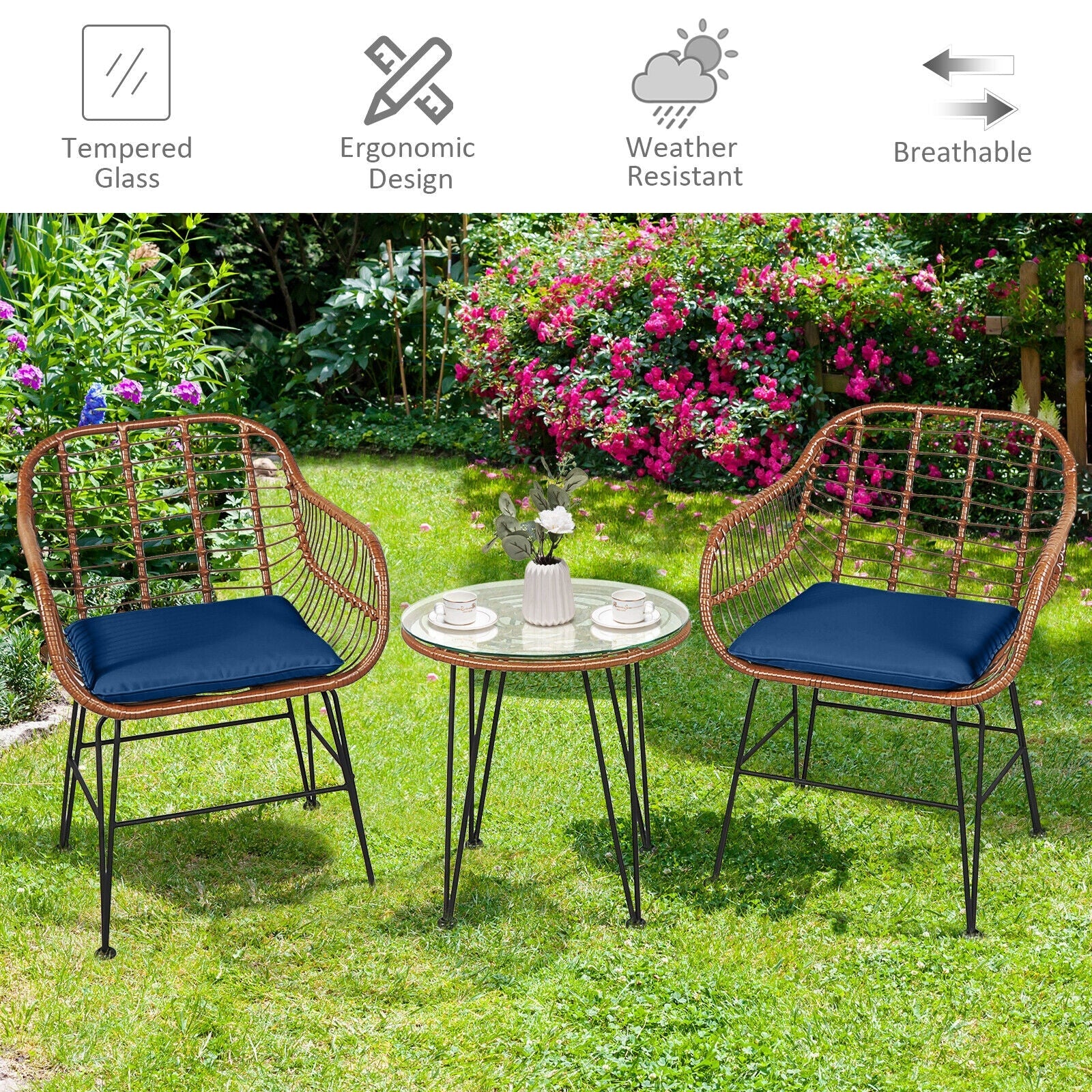 3 Pieces Patio Rattan Bistro Set with Cushion - Navy
