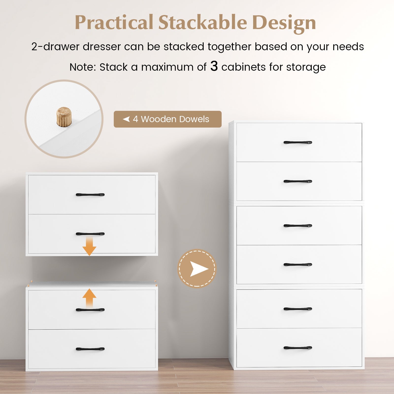 2-Drawer Stackable Horizontal Storage Cabinet Dresser Chest White
