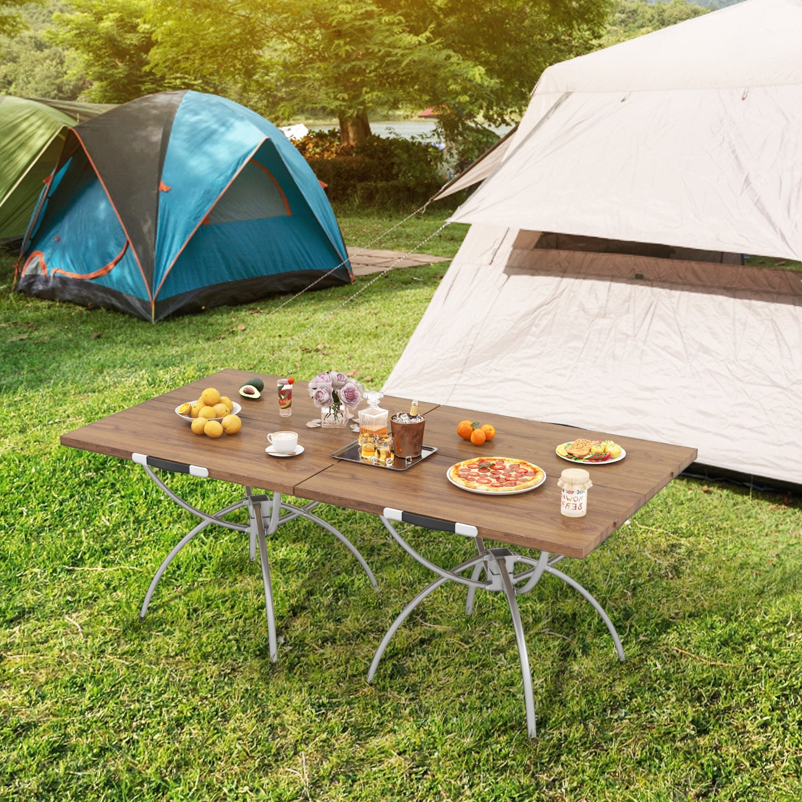 2 Pack Folding Camping Table with Wood-grain Tabletop -Natural