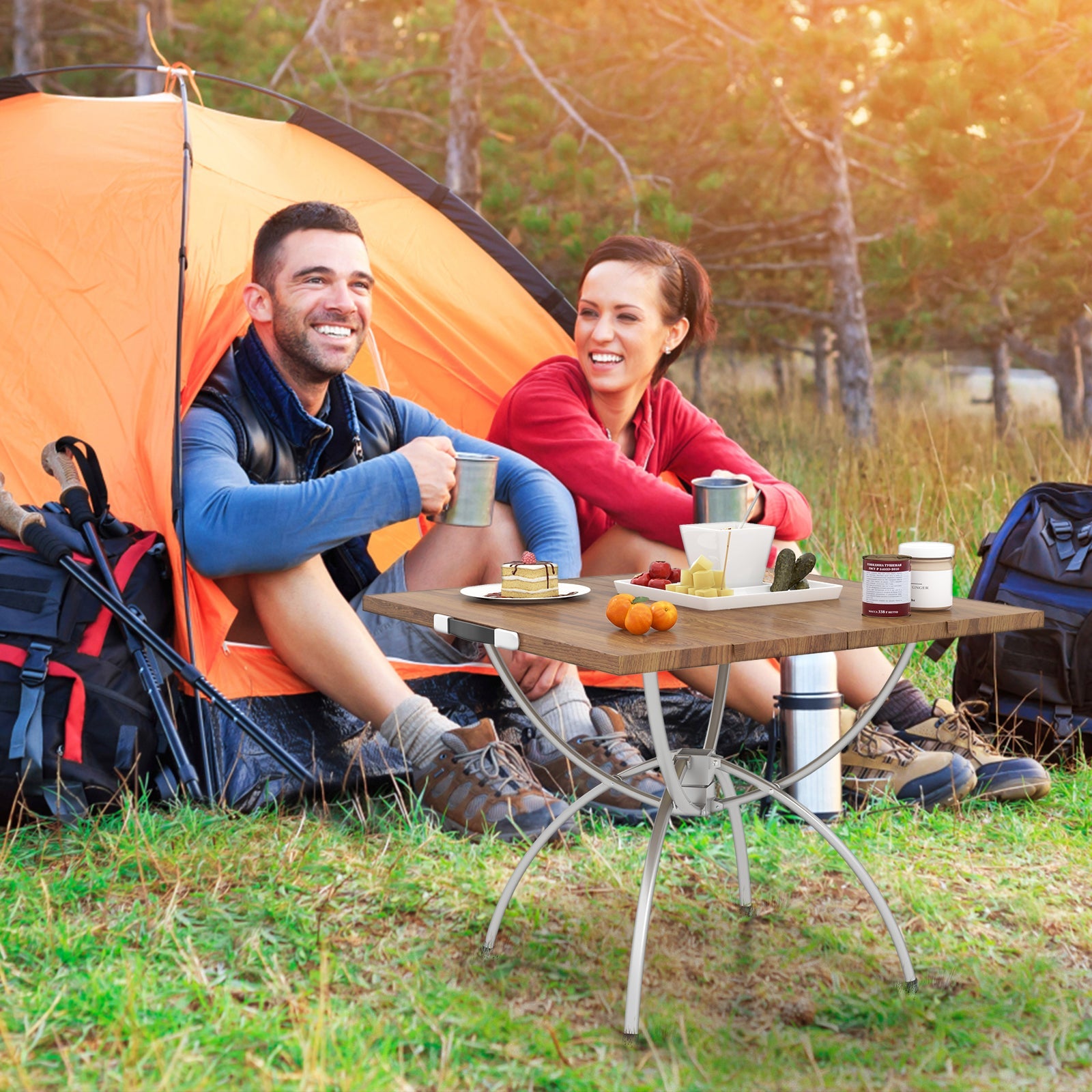 2 Pack Folding Camping Table with Wood-grain Tabletop -Natural