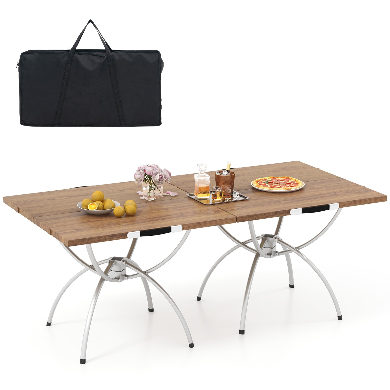 2 Pack Folding Camping Table with Wood-grain Tabletop -Natural