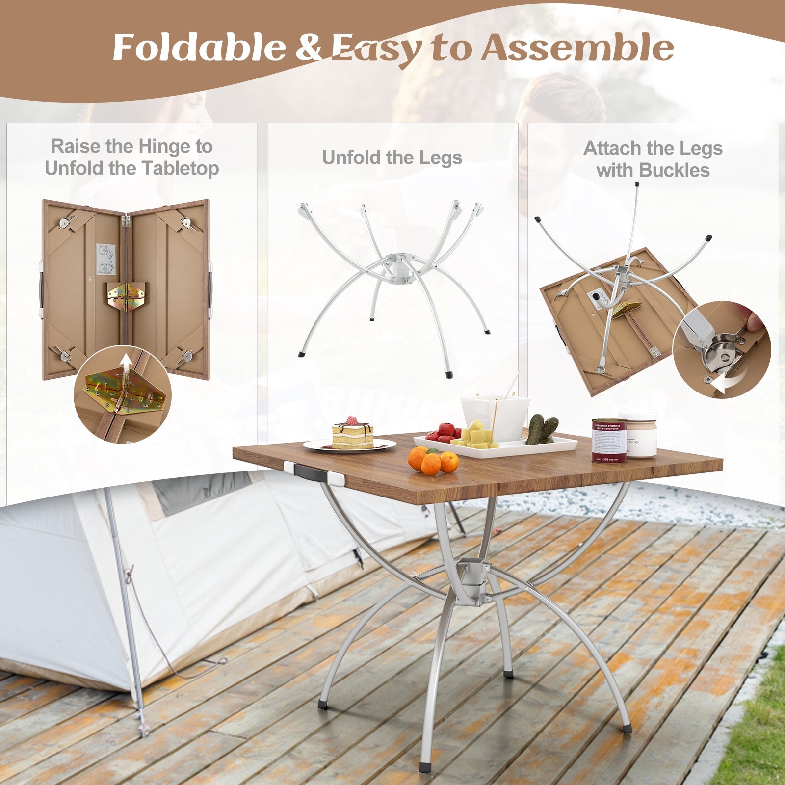 2 Pack Folding Camping Table with Wood-grain Tabletop -Natural
