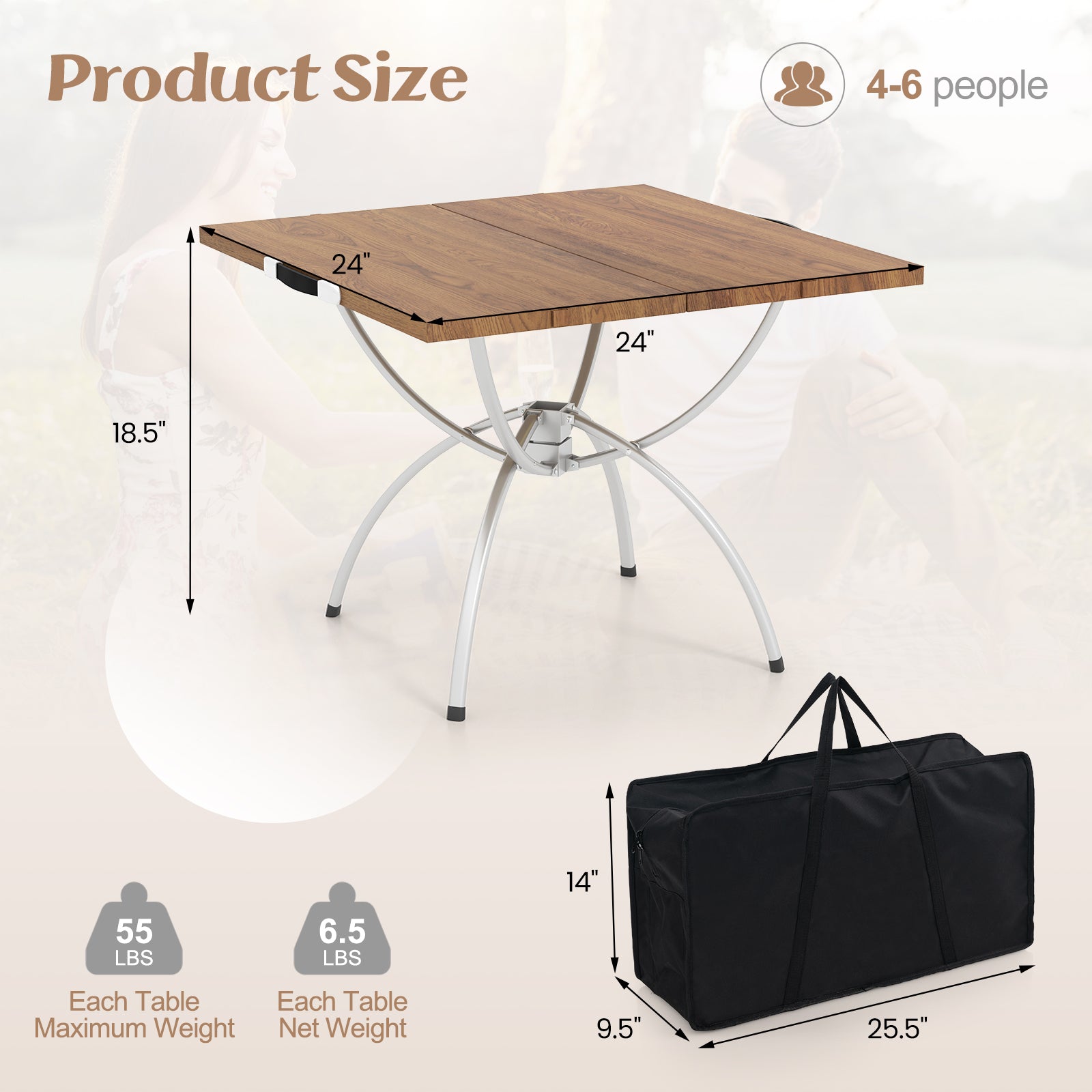 2 Pack Folding Camping Table with Wood-grain Tabletop -Natural