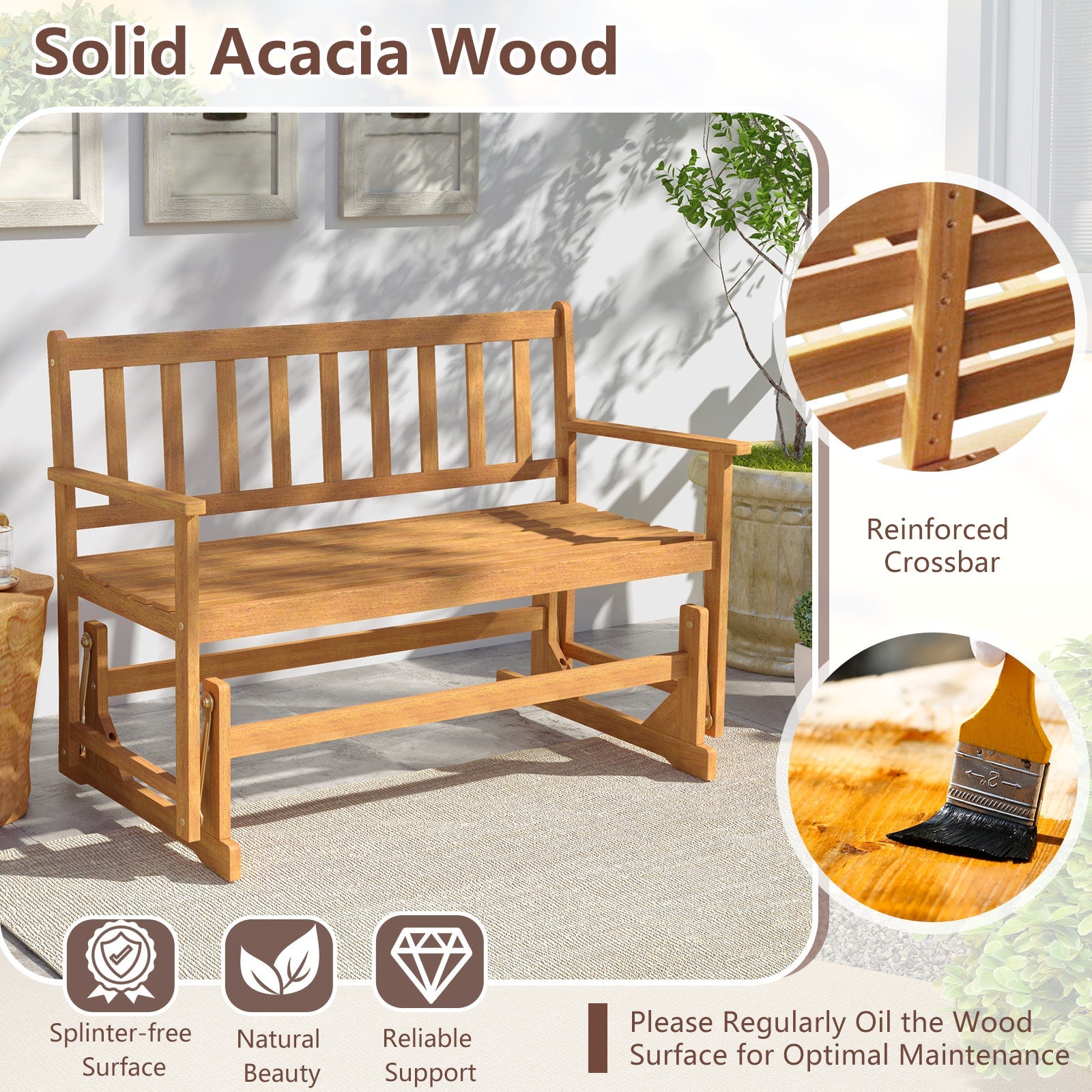 2-Person Outdoor Acacia Wood Glider Bench