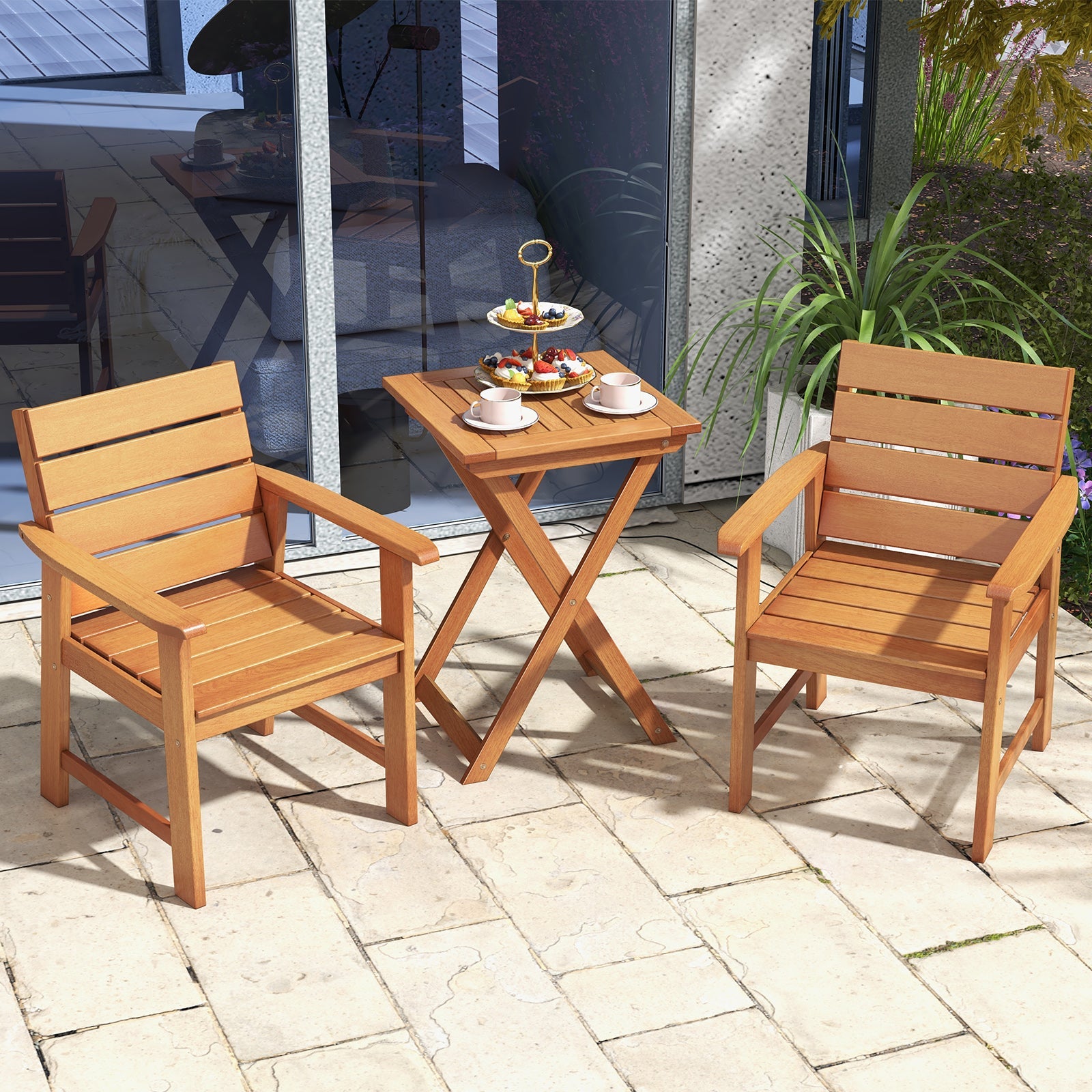 2 Piece Patio Hardwood Chair with Slatted Seat