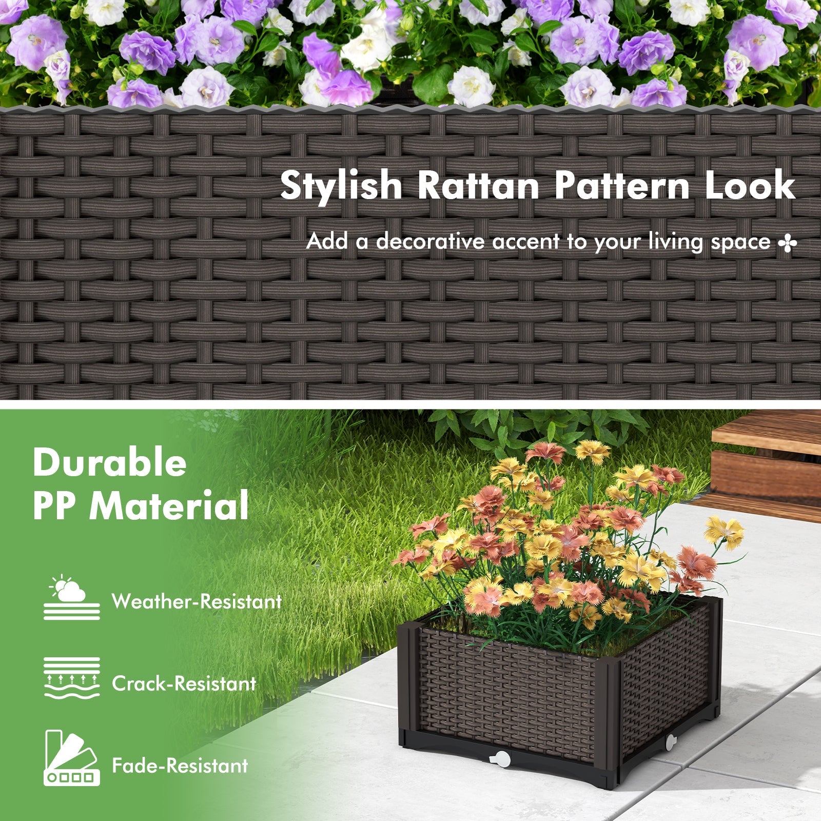 2 Set Elevated Plastic Raised Garden Bed Planter Kit - Brown