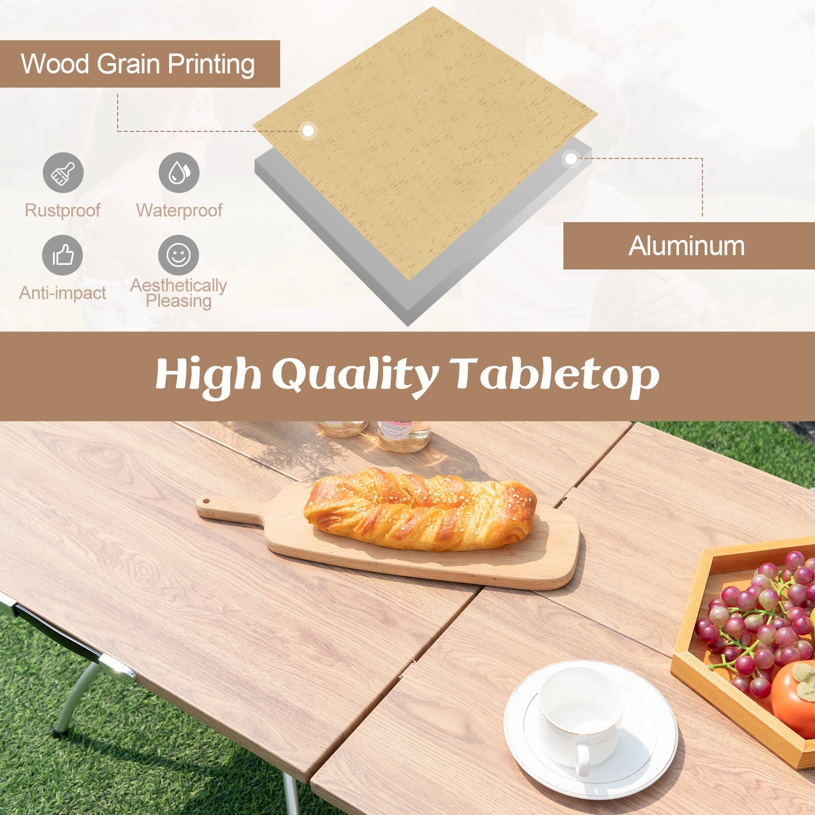2 Pack Folding Camping Table with Wood-grain Tabletop -Natural