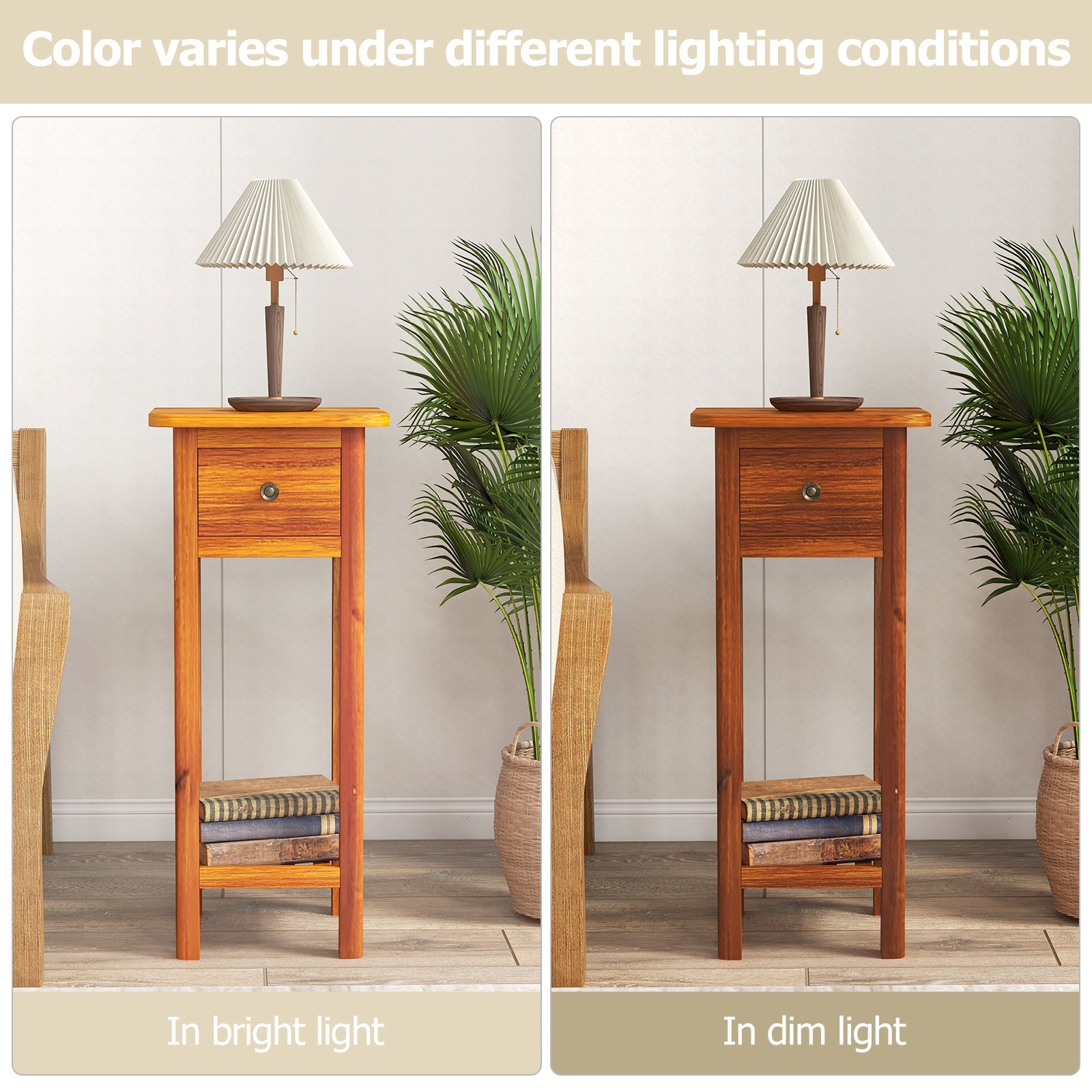 2 Tier Slim Nightstand Bedside Table with Drawer Shelf-Brown