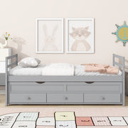 Twin Size Bed with Headboard, Footboard, Trundle and Three Storage Drawers, Twin Size Pine Wood Bed with Headboard, Footboard,Grey by 39F INC.