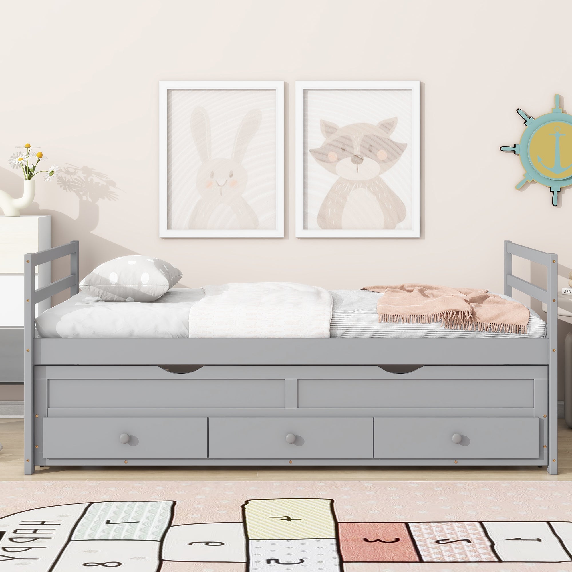 Twin Size Bed with Headboard, Footboard, Trundle and Three Storage Drawers, Twin Size Pine Wood Bed with Headboard, Footboard,Grey by 39F INC.